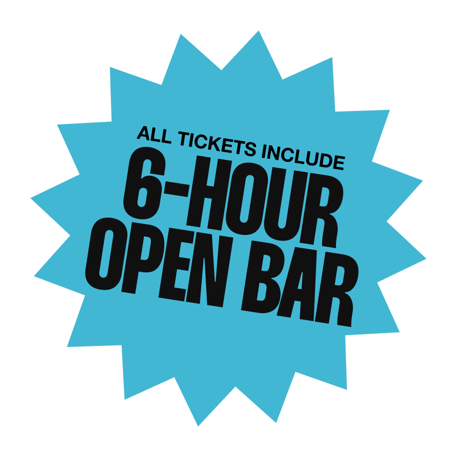 Blue starburst shape with black text announcing a 6-hour open bar deal, inclusive of all tickets.