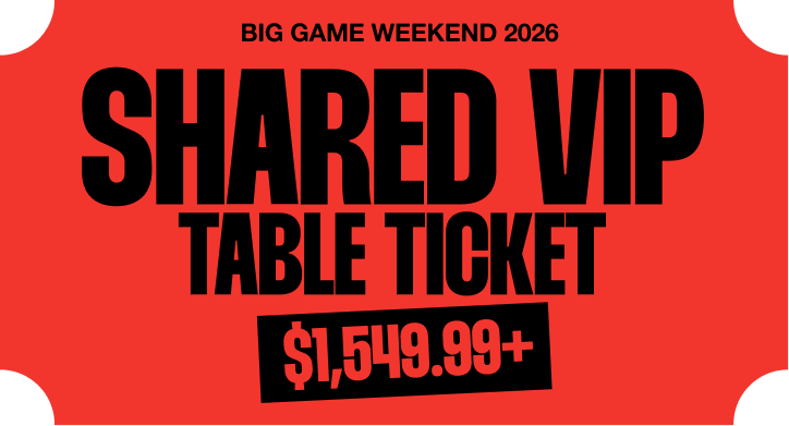 Red VIP table ticket for Big Game Weekend 2026, priced at $1,549.99+