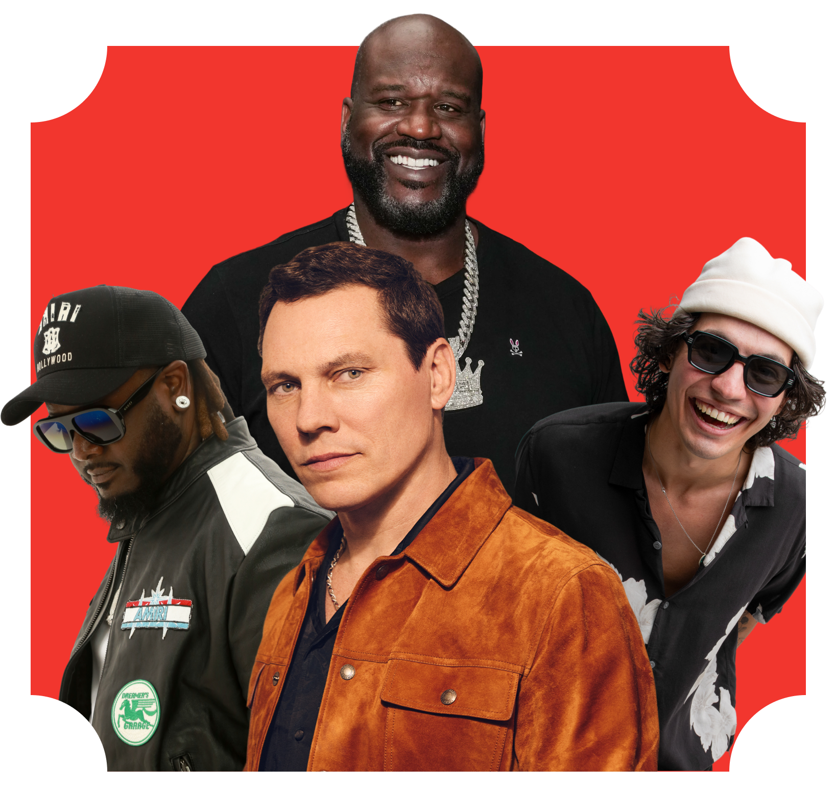 Composite image of four men smiling against a red background.