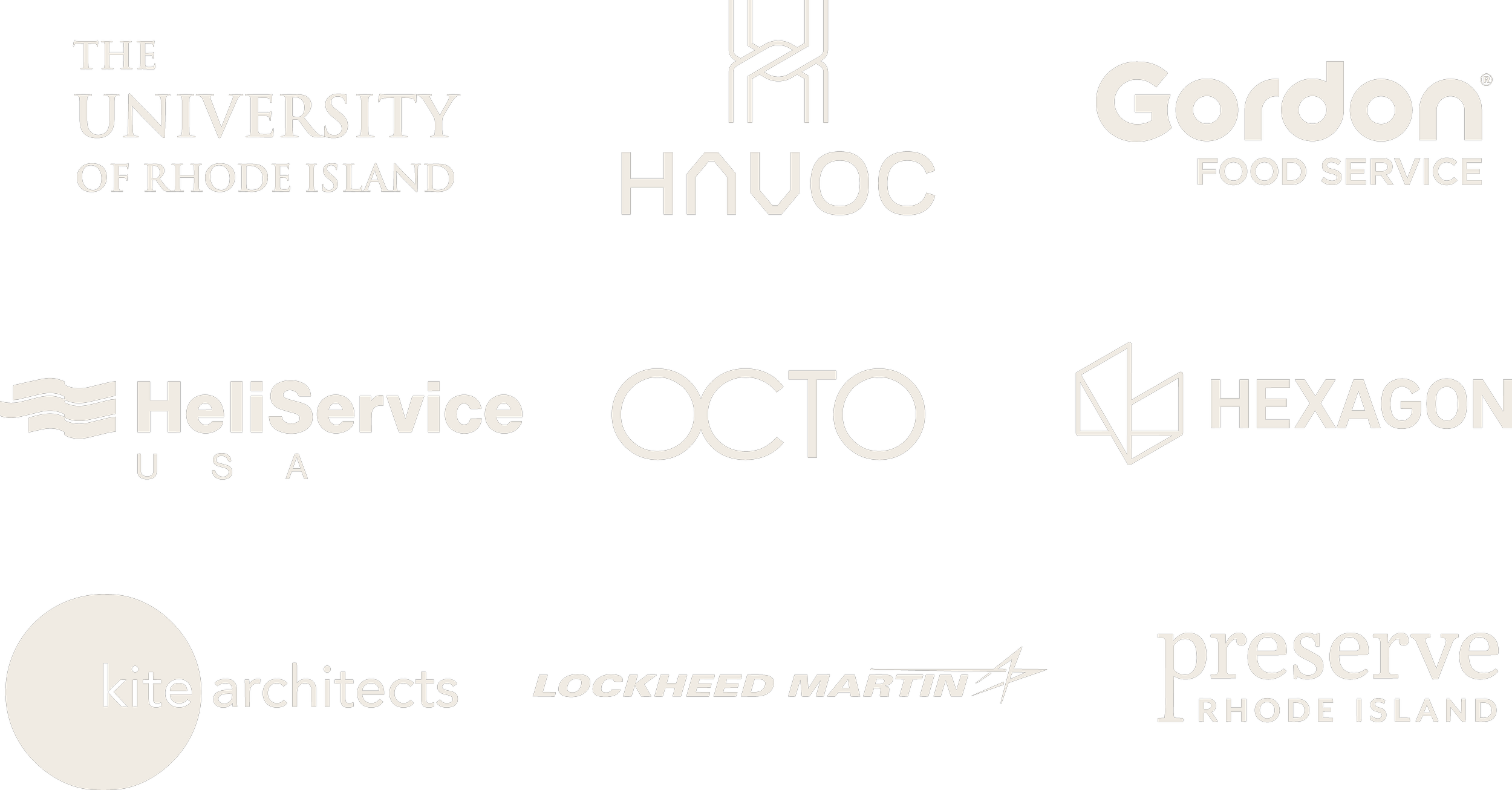 Logo Grid showing The University of Rhode Island, HavocAI, Gordon Food Service, HeliServiceUSA, OCTO Product Design, Hexagon, Kite Architects, Lockheed Martin, and Preserve Rhode Island