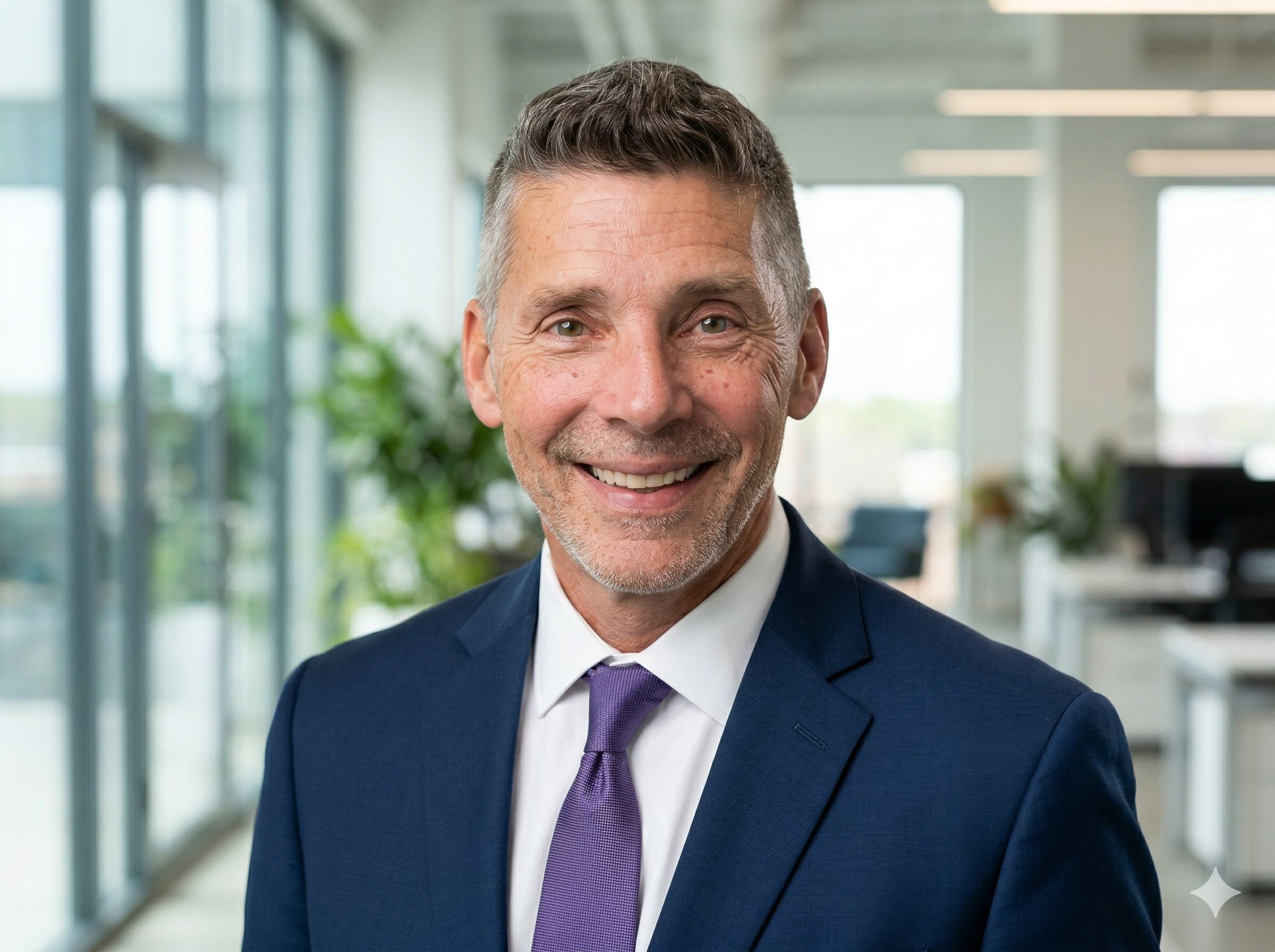 A smiling middle-aged man in a navy suit and purple tie standing in a modern office with large windows and green plants in the background.