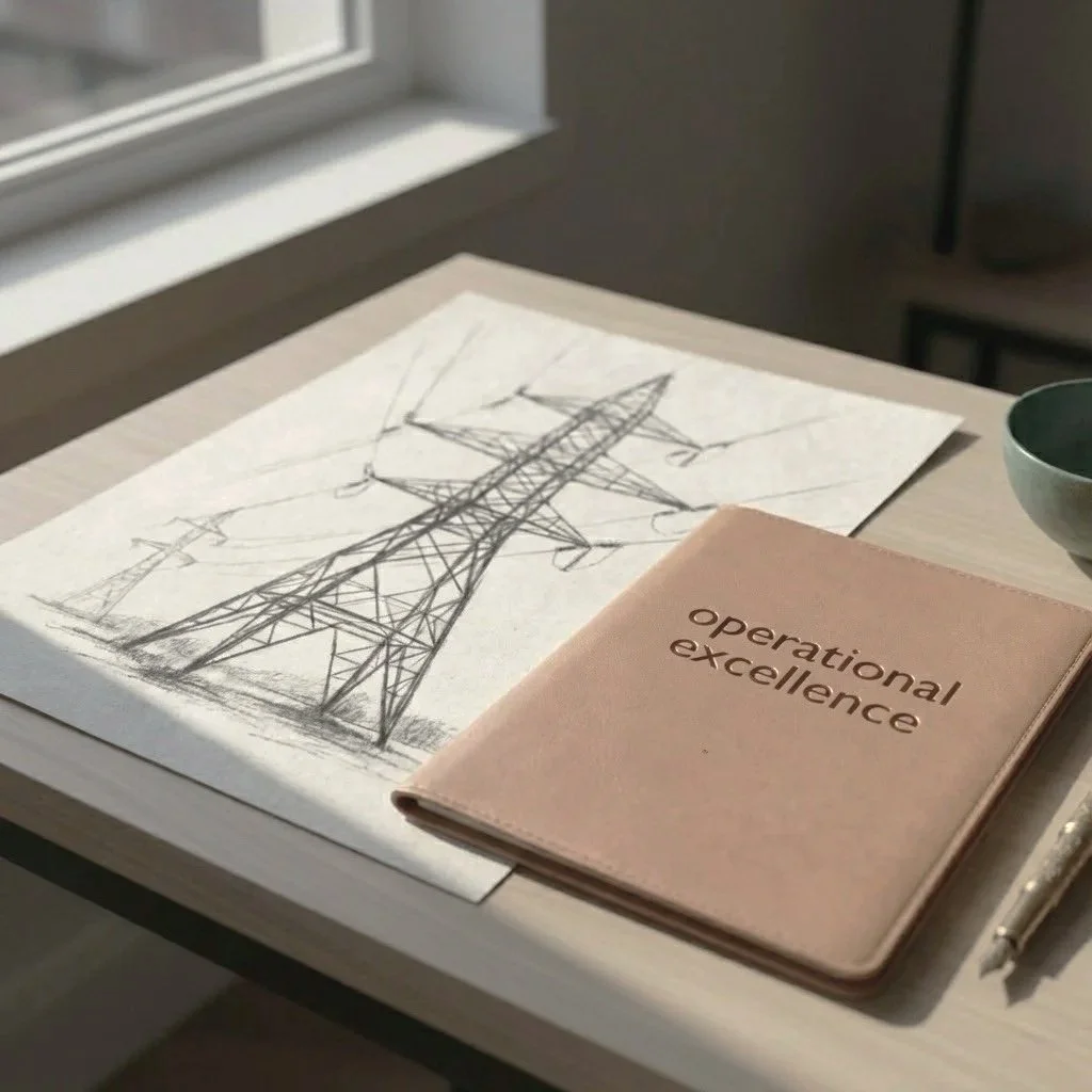 A sketch of an electrical transmission tower on a piece of paper, a pink notebook titled "operational excellence," a green bowl, and a pen on a white desk near a window.