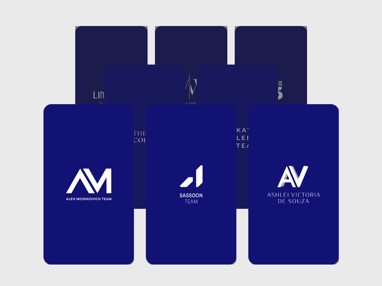 Ten navy blue cards arranged in a grid, each featuring a white logo and text indicating team member names like Allen Moskovich, Sassoon, and Ashlei Victoria De Souza.
