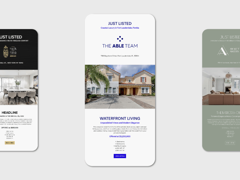 Three real estate listing flyers for waterfront homes in Fort Lauderdale, Florida, with images of houses and interior rooms.