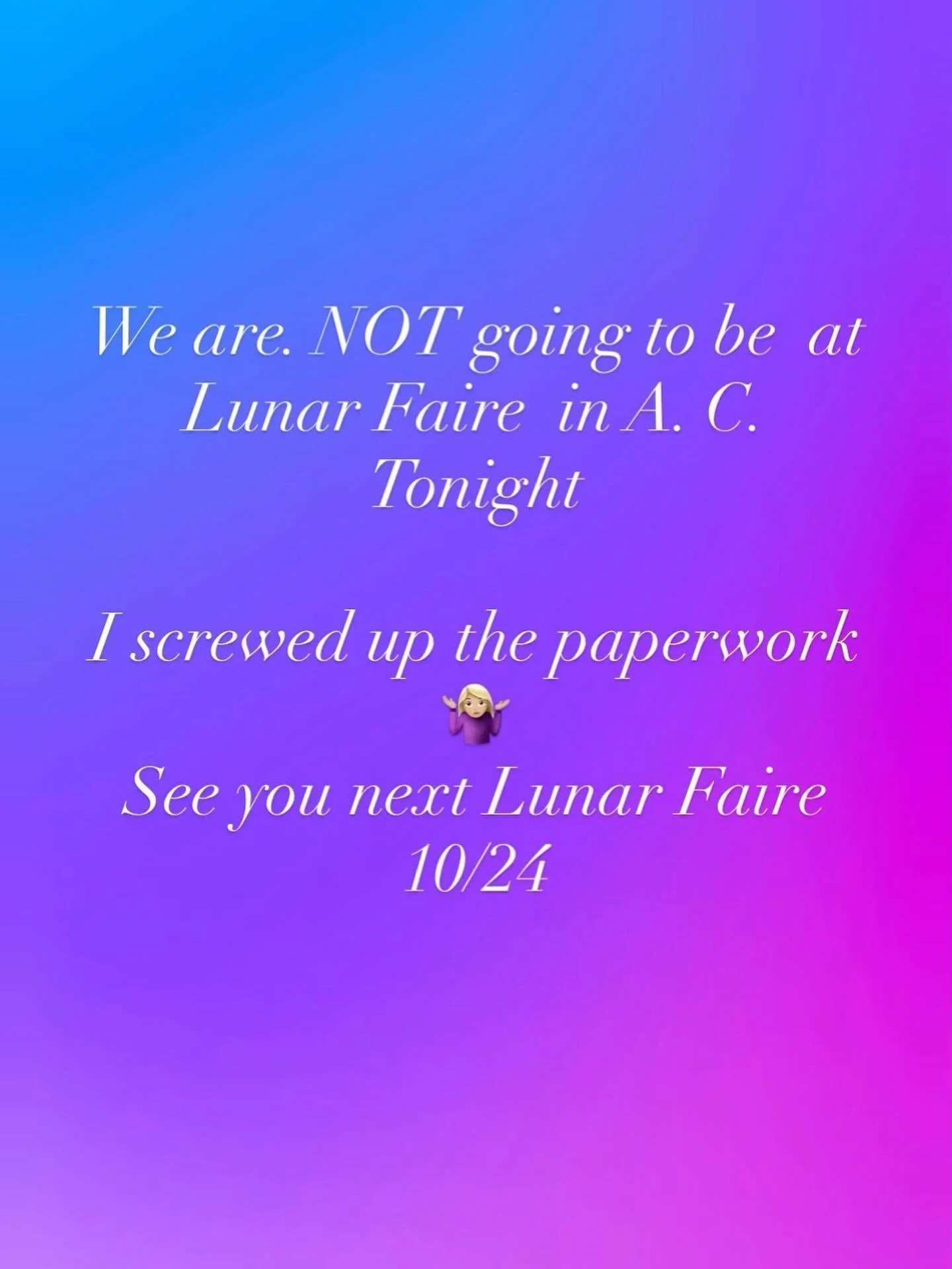 ✨ We will NOT be at Lunar Faire tonight.
I speak to people about procrastination patterns and I too am a culprit of this pattern.
Check out our schedule to see where we will be next. Enjoy the full moon ✨

#aura #auraexplorerphotography #auraphotogra
