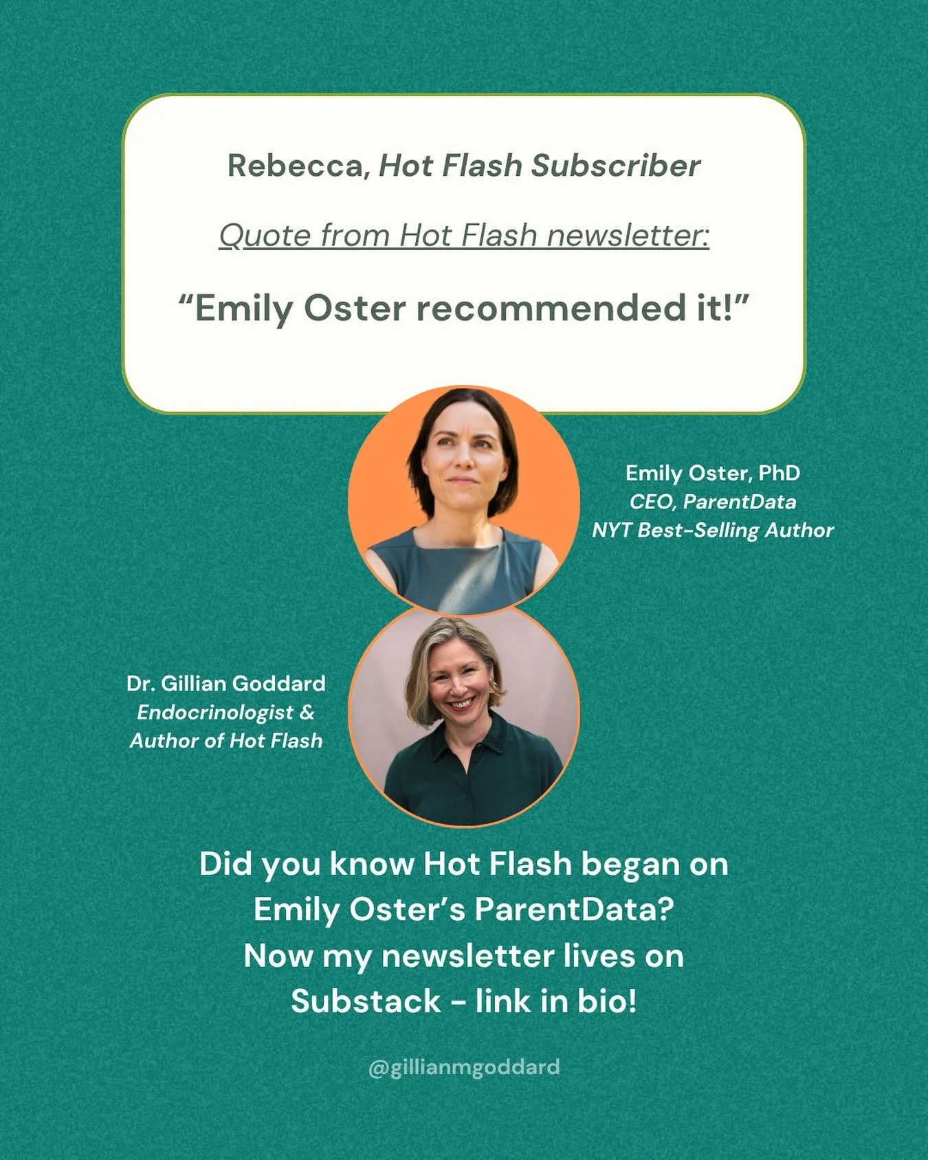 Loved by subscribers (and even @profemilyoster herself!), Hot Flash started on ParentData and grew into a Substack newsletter packed with evidence-based insights on menopause, HRT, and everything involving women&rsquo;s health. 

Subscribe via the li
