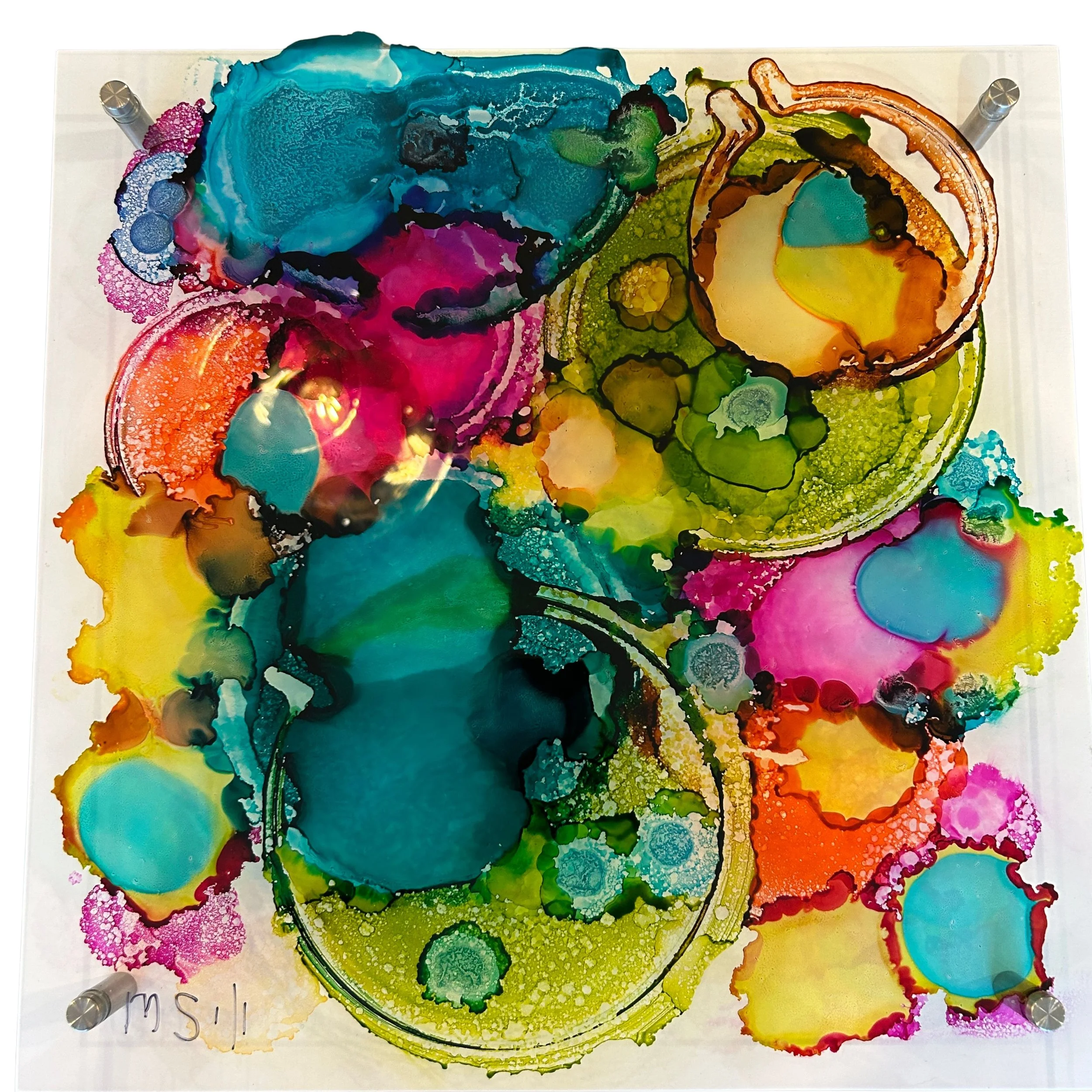 Unawarely Connected- Six Colors-16 X 16 Alcohol Ink on Acrylic