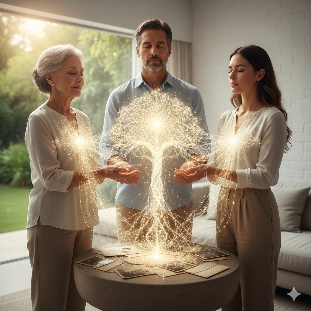 Tres personas, una mujer mayor, un hombre de mediana edad y una joven, con ojos cerrados, sostienen en sus manos un árbol de luz y energía que parece conectado a fotos en la mesa, en una habitación con luz natural y vista al jardín.