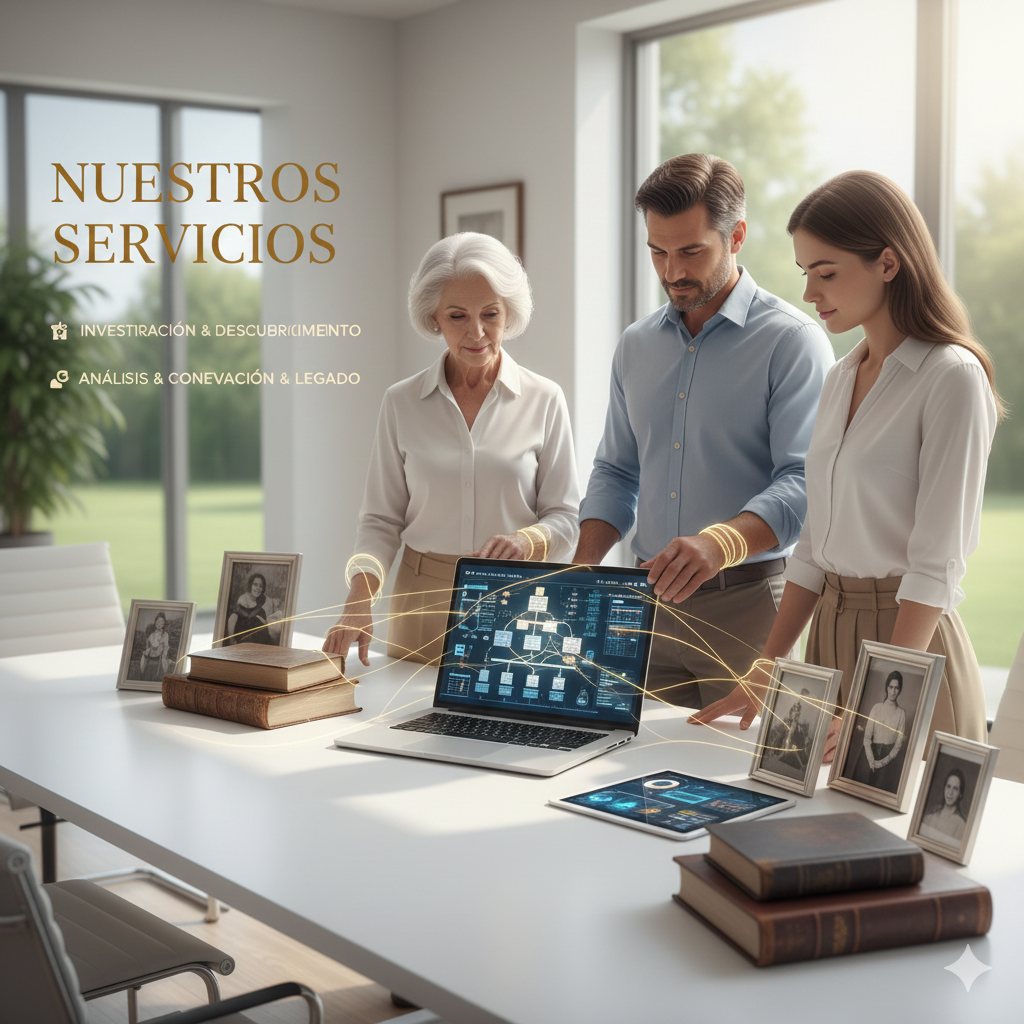Tres personas en una sala de reuniones observando una pantalla de computadora con gráficos y datos, con libros y fotos antiguas en la mesa.
