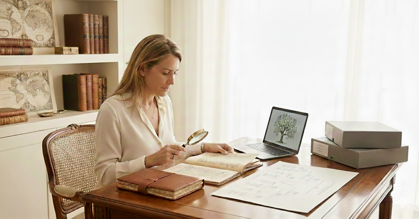 Mujer investigando documentos con lupa en una oficina con estantería y laptop.