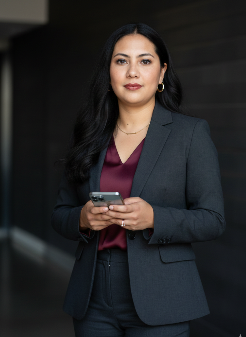 Mujer de negocios con blusa púrpura y saco gris oscuro, sosteniendo un teléfono móvil, de cabello largo y oscuro, con fondo oscuro y moderno.