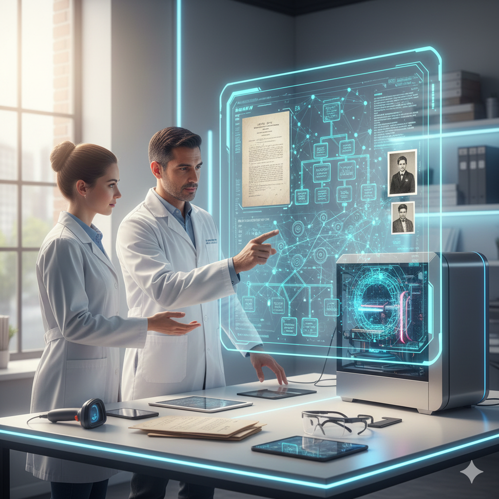 Dos científicos en un laboratorio observando una pantalla holográfica con datos, fotos y esquemas, junto a una impresora 3D y objetos de oficina.