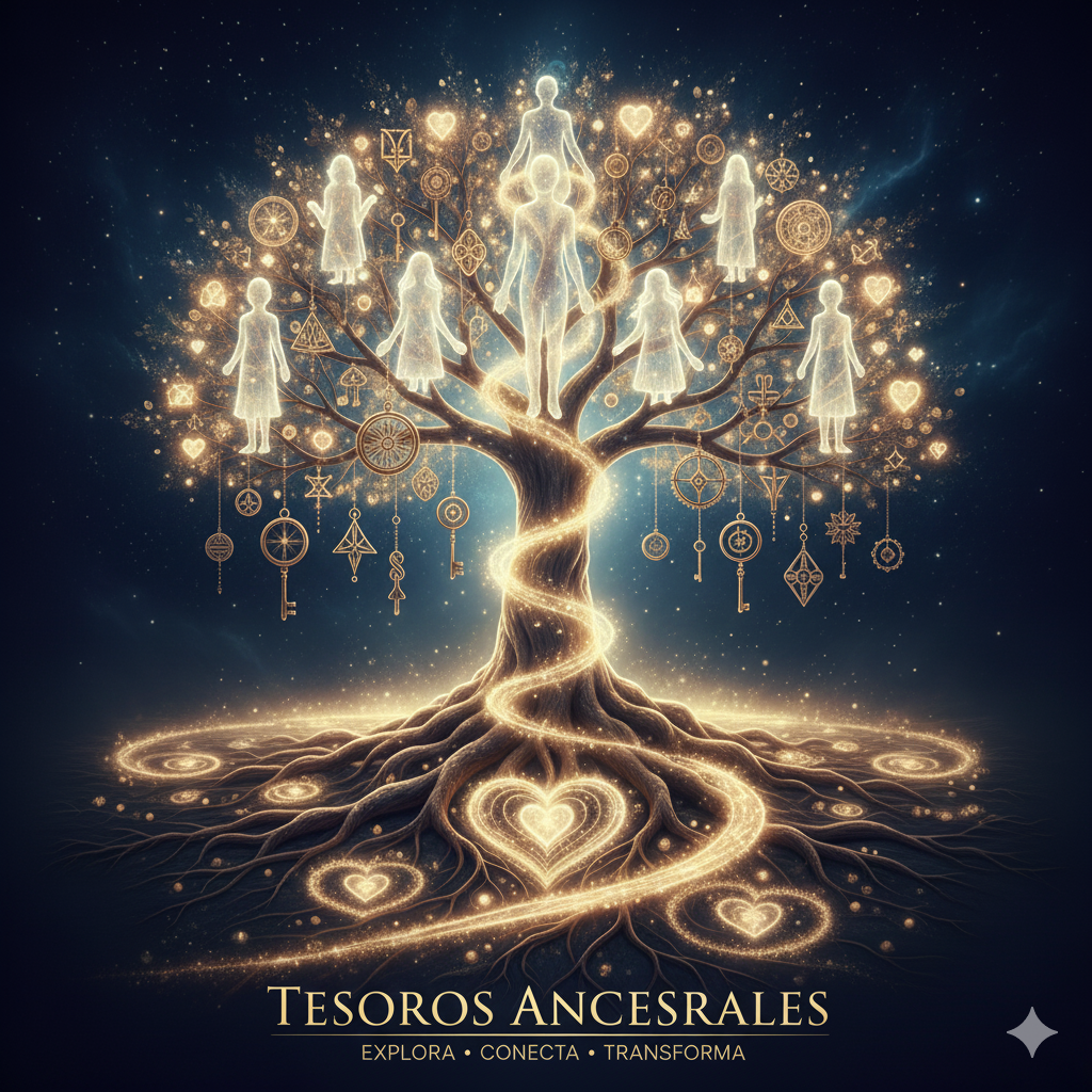 Un árbol brillante con ramas que contienen siluetas de personas y símbolos místicos, con raíces en forma de corazones y palabras clave 'Tesoros Ancestrales, Explora, Conecta, Transforma'.