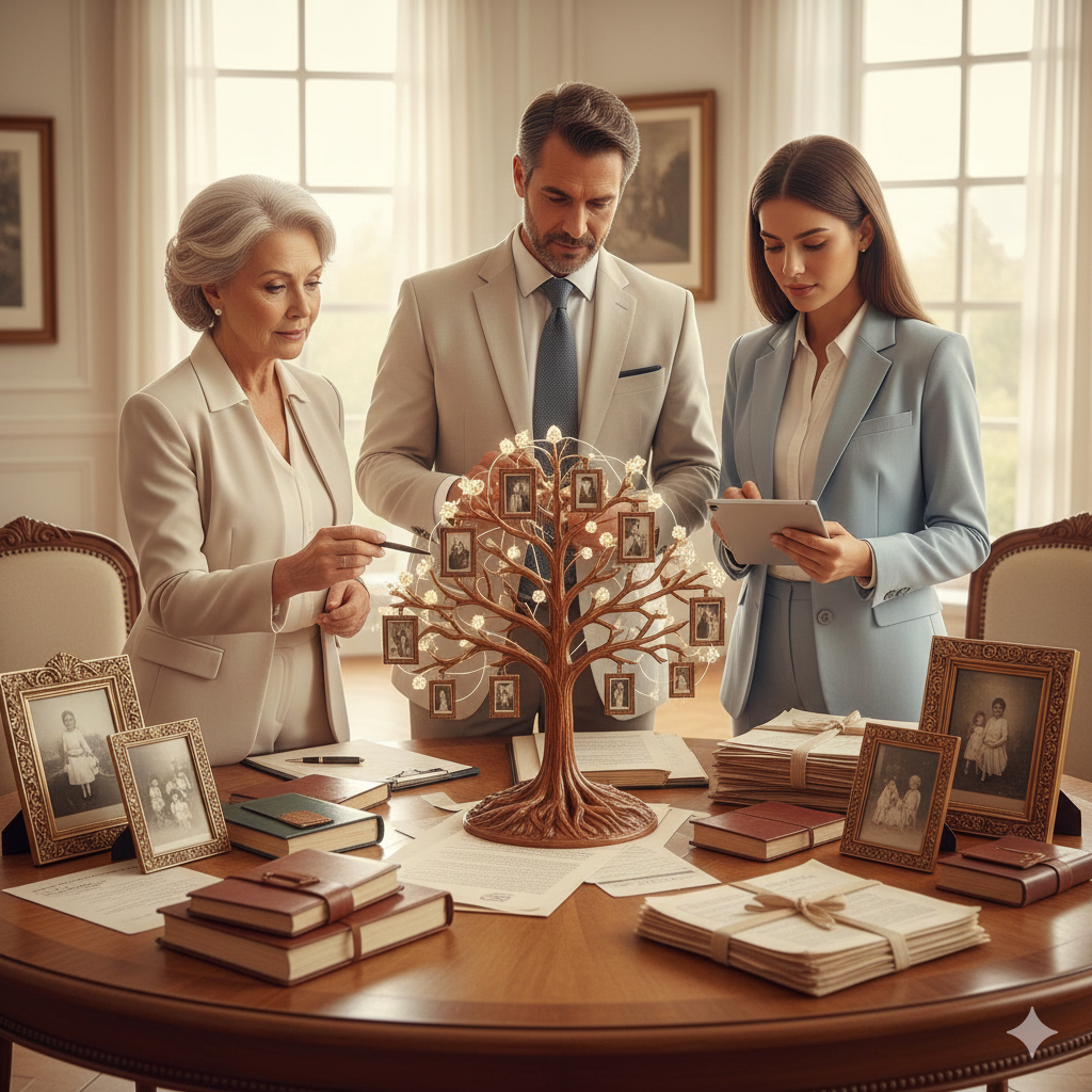 Tres personas, una mujer mayor, un hombre y una mujer joven, observan un árbol genealógico en una mesa decorada con fotos familiares y libros.