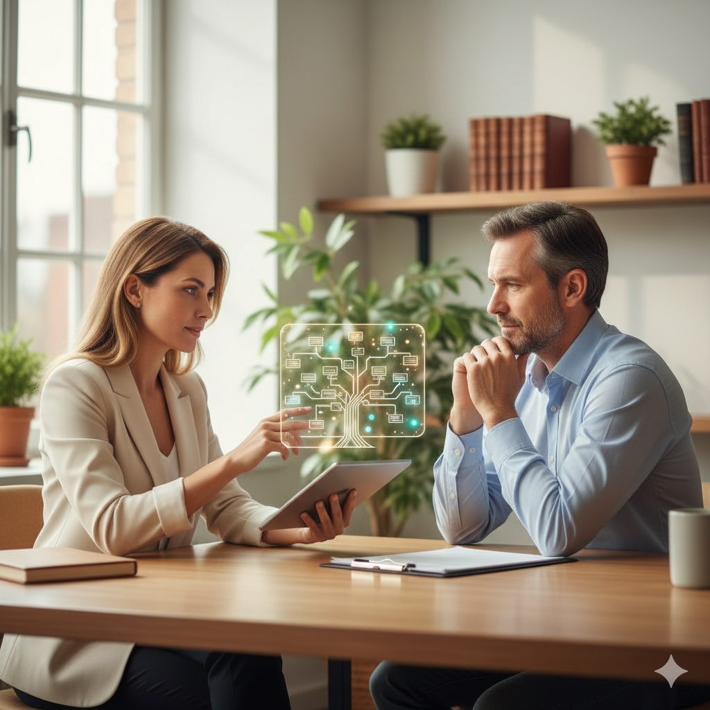 Una mujer y un hombre en una reunión de oficina, observando una pantalla de visualización digital con un árbol de documentos, en un espacio con plantas y estanterías con libros.