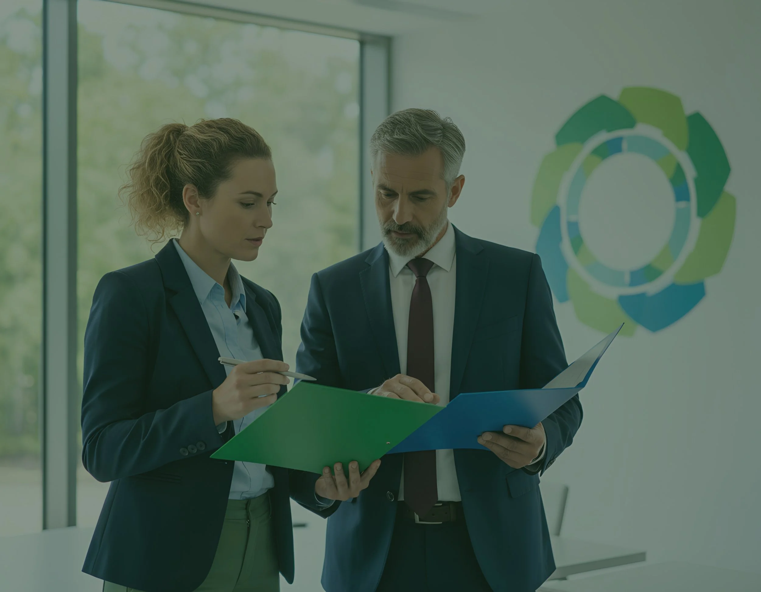 A man and a woman in business attire reviewing documents in an office with a large window and a colorful circular logo on the wall.