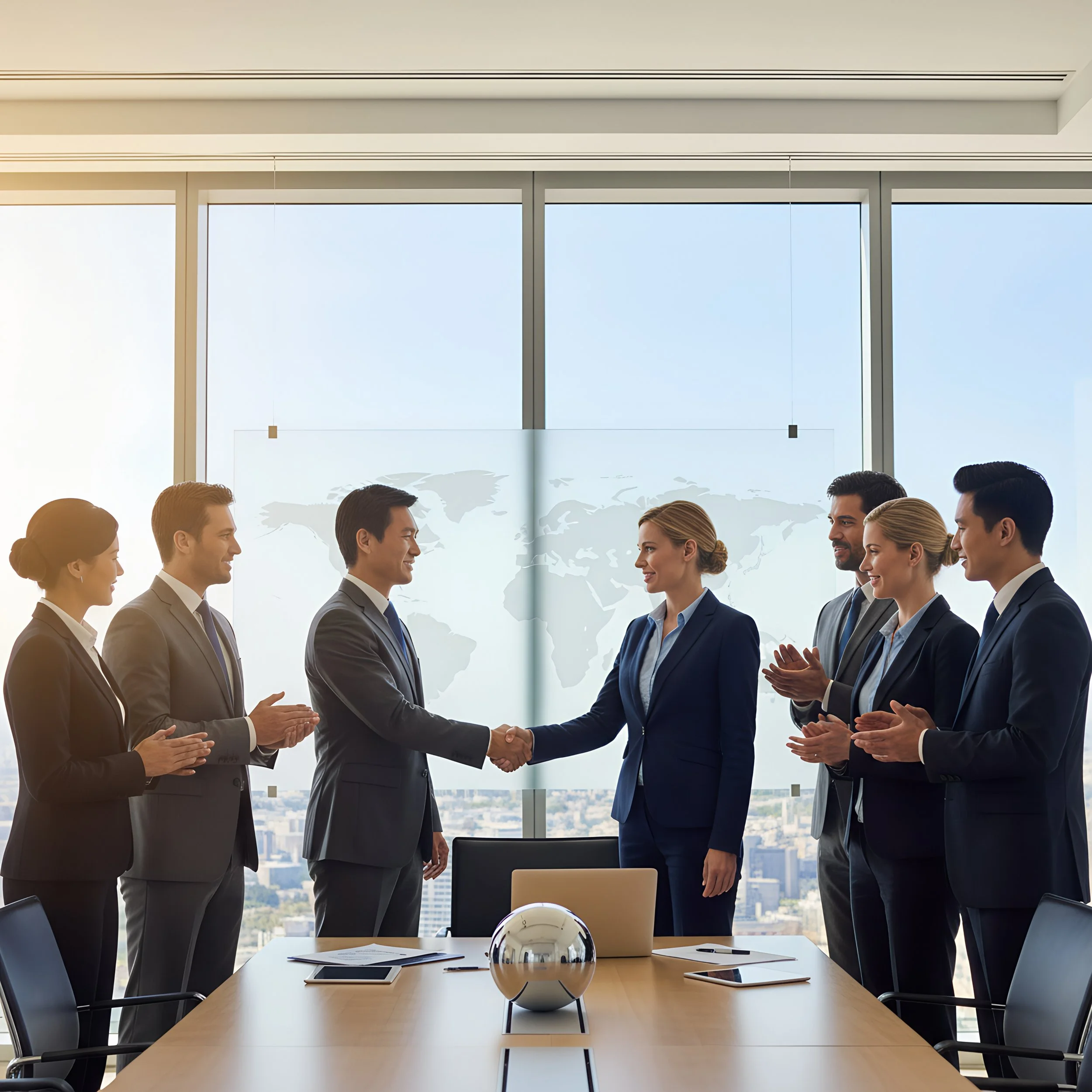 Business meeting in a modern office with large windows, where a woman is shaking hands with a man while others claps around them.