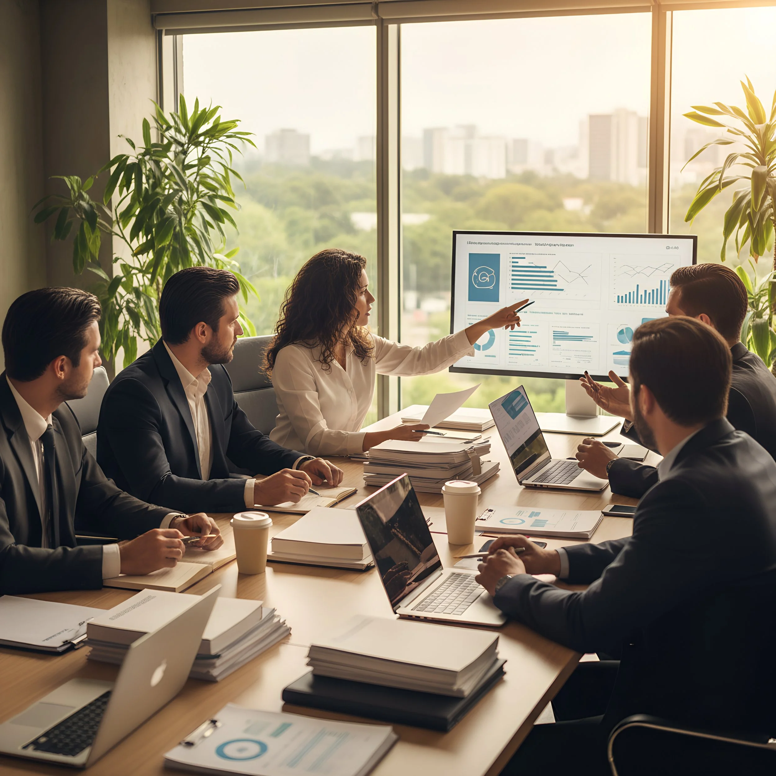 Business team in a meeting room, with a woman presenting financial charts on a large screen, while others listen and take notes.