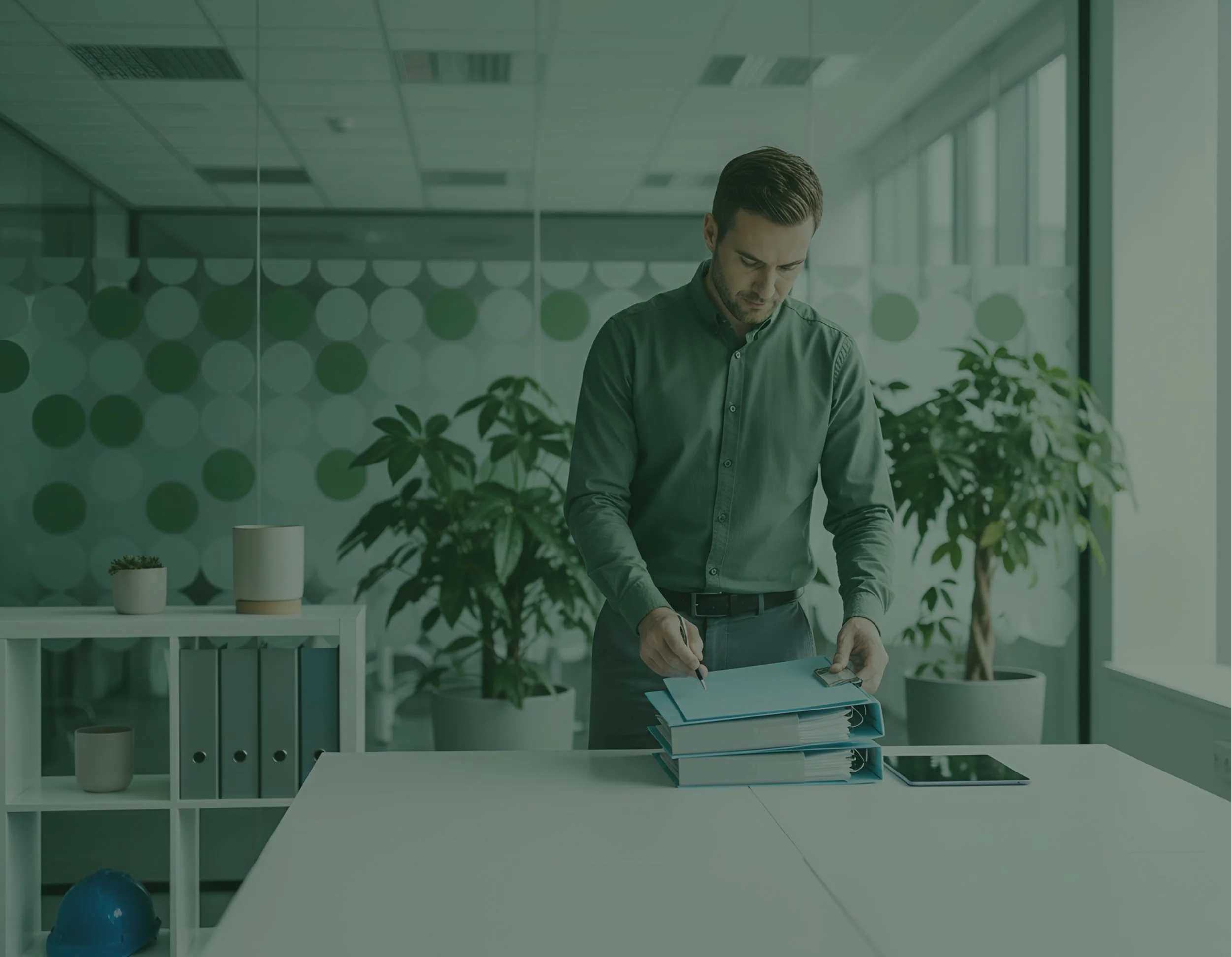 A man in a grey shirt standing at a white table with binders and a tablet, writing on one of the binders in a modern office with large windows and potted plants.
