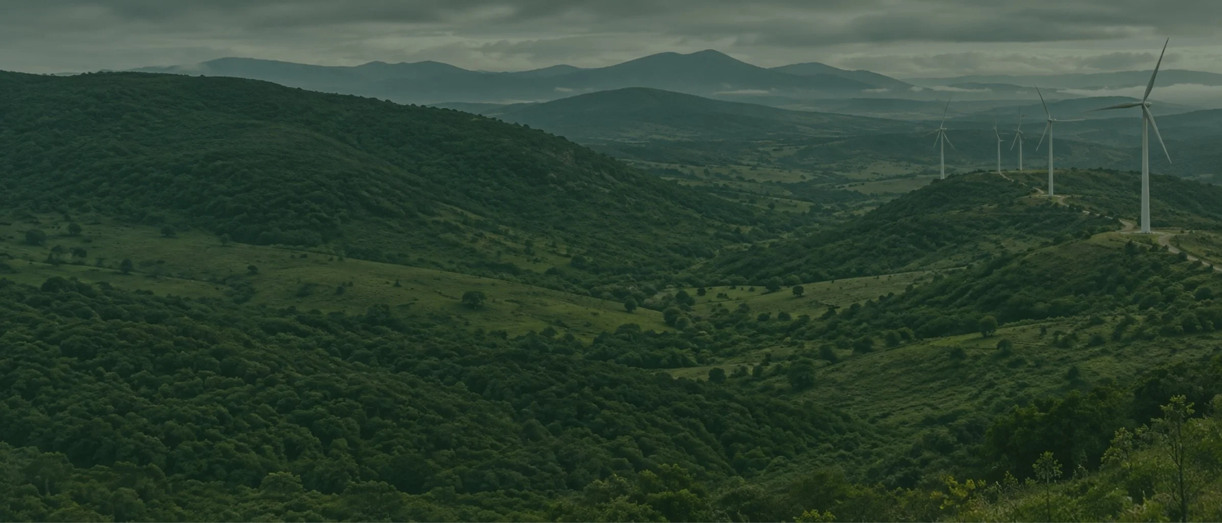 Nuestra metodología: Vista panorámica de un valle con vegetación, montañas y aerogeneradores.