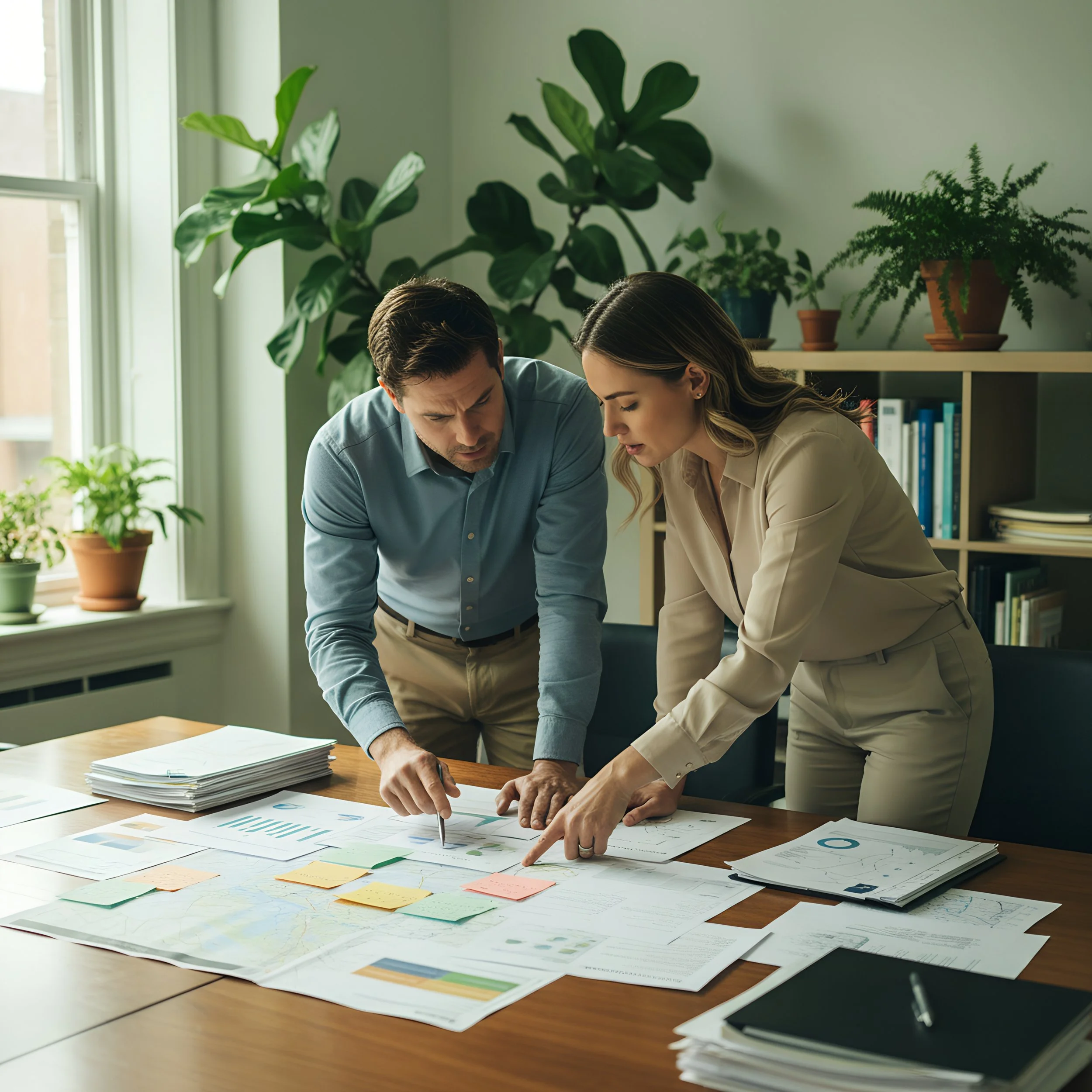 Two business professionals, a man and a woman, are collaborating over documents and charts on a large table in an office with plants and bookshelves.