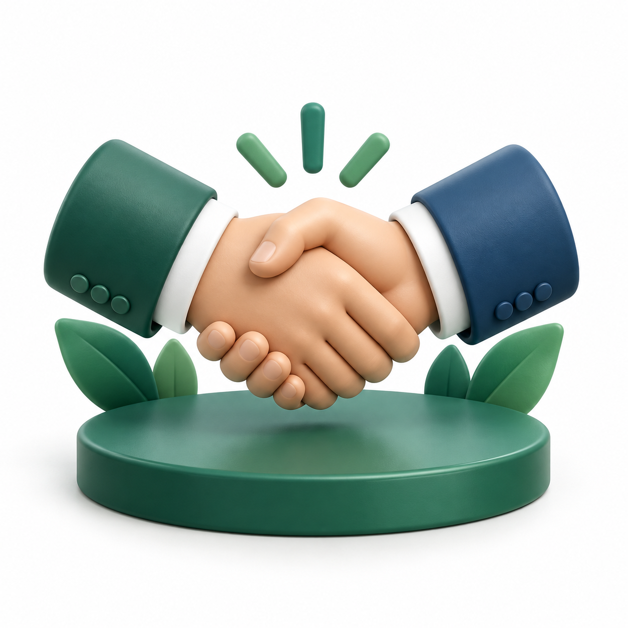 Relación con clientes: “Apretón de manos en 3D que representa colaboración y atención a los requerimientos de clientes.”