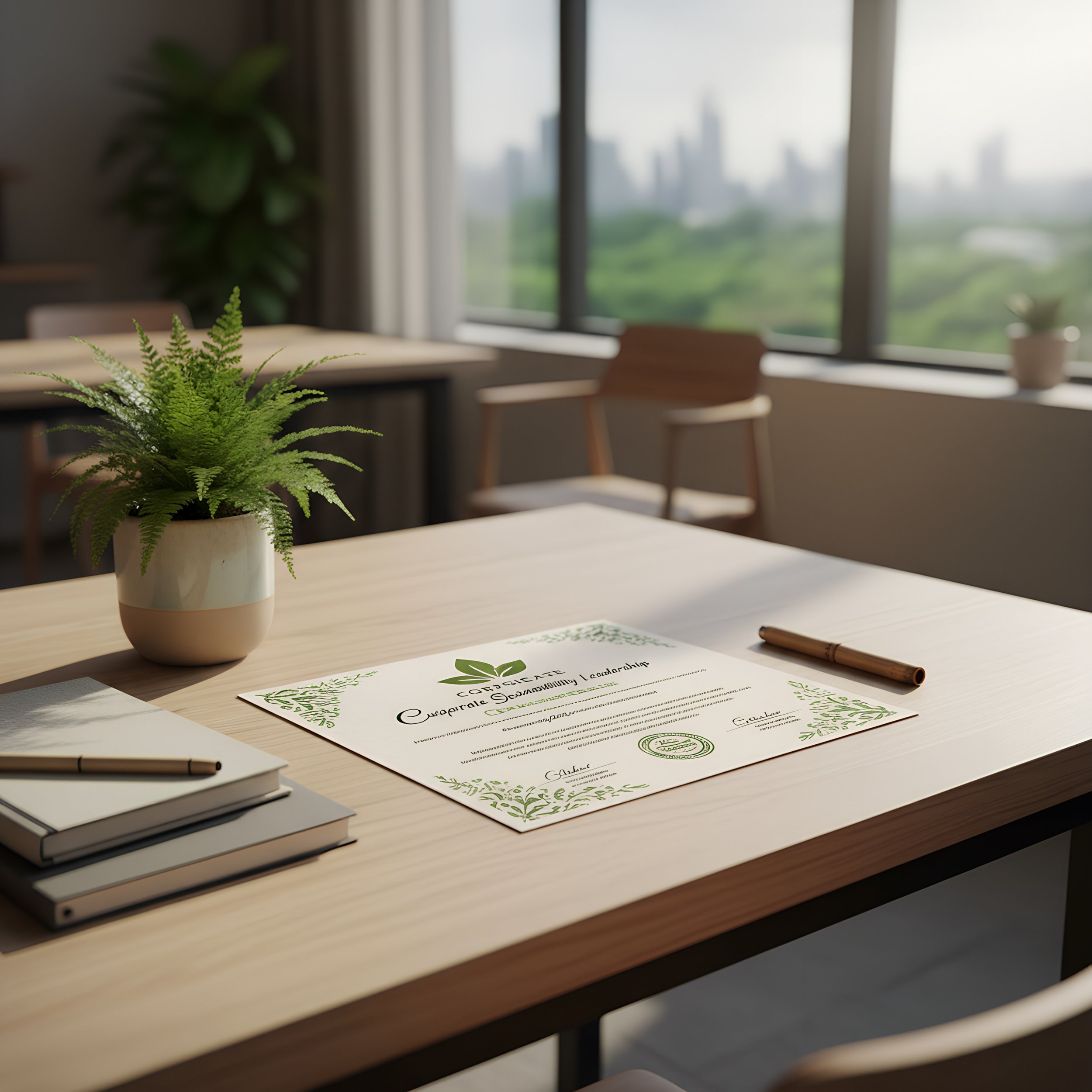 A wooden desk with a potted fern, a certificate, a notebook with a pen, and a second pen, set in a bright office with large windows and cityscape view.