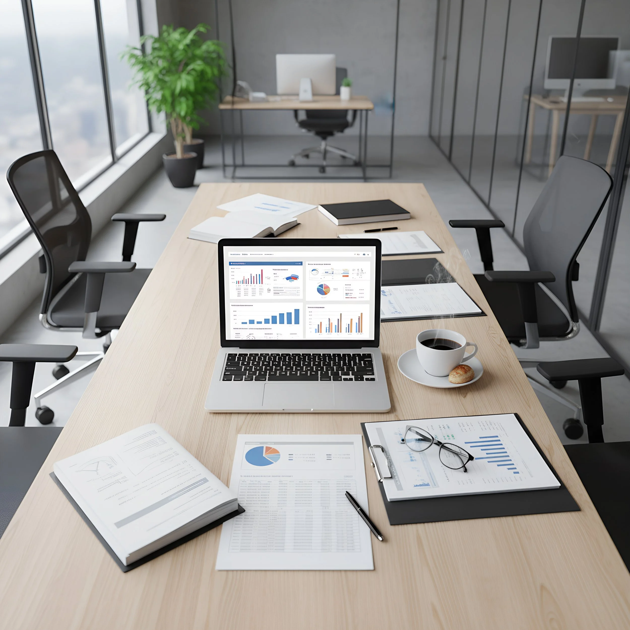 Office conference room with a wooden table. On the table are chart reports, a laptop displaying graphs, a coffee cup, a pastry, glasses, a pen, and documents. In the background, there is a desk with a computer and a potted plant near large windows.