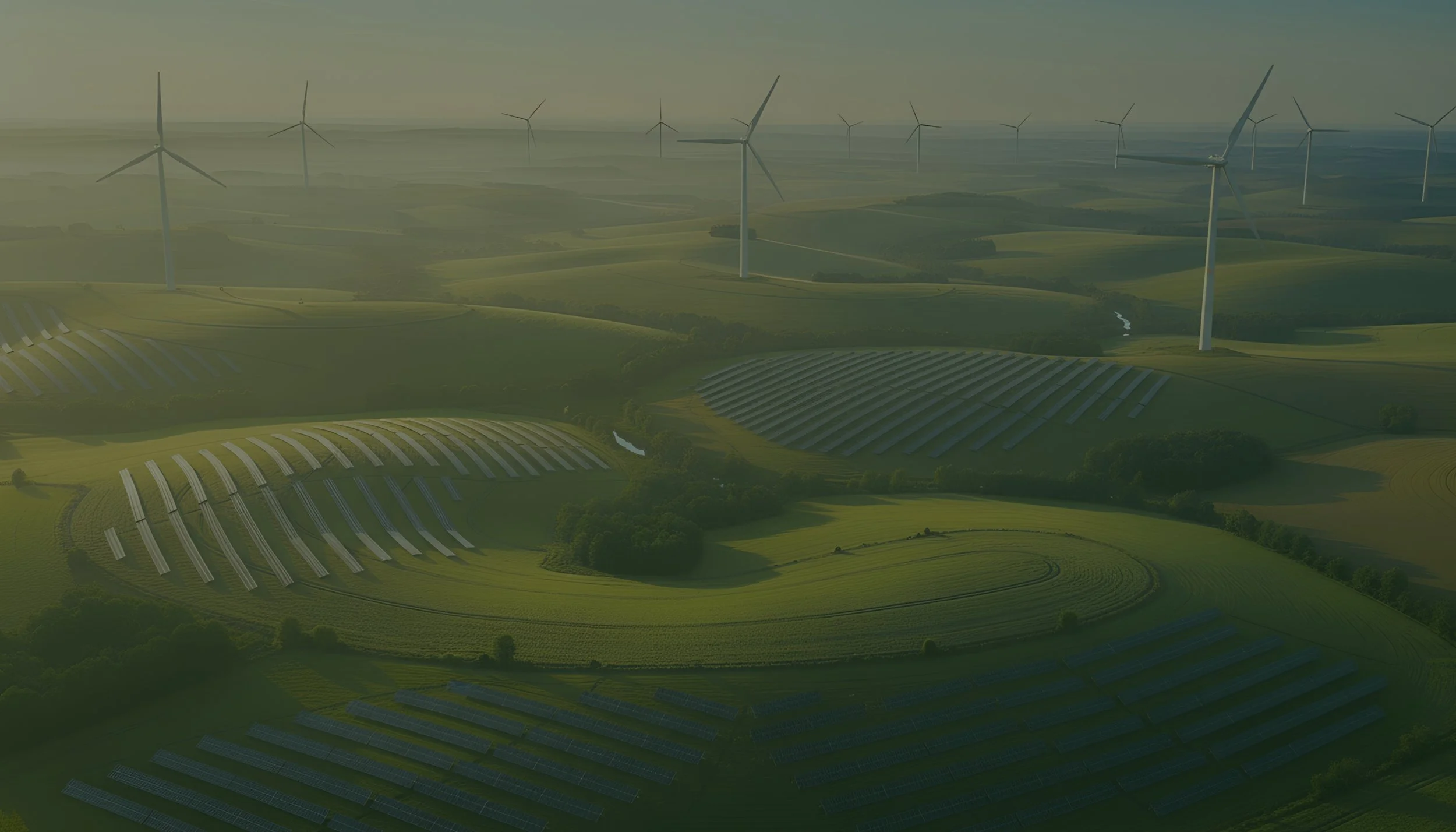 A landscape view of rolling green fields with wind turbines and solar panels.