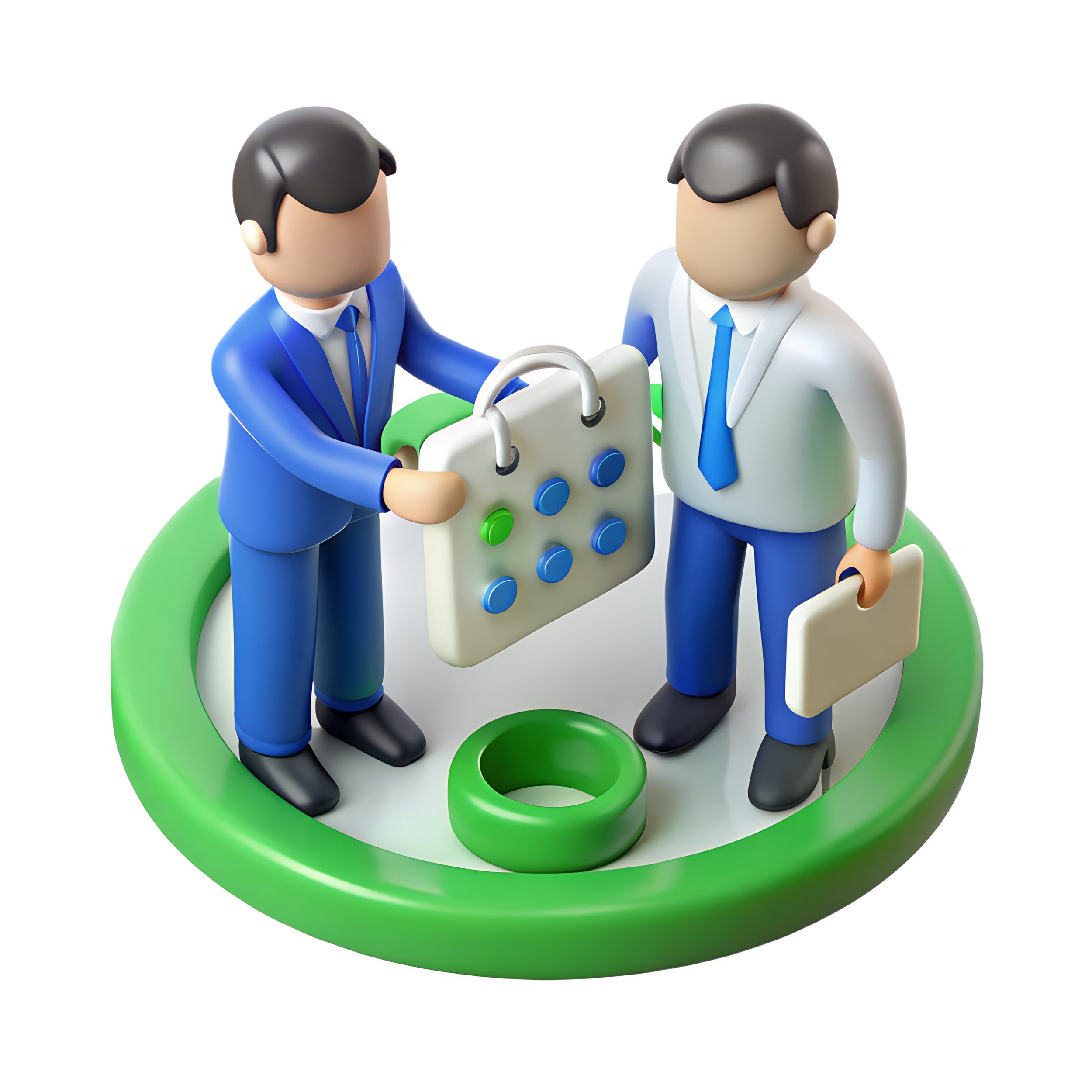 Two cartoon businessmen exchanging a briefcase with electronic buttons, standing on a green ring with electronic ring.