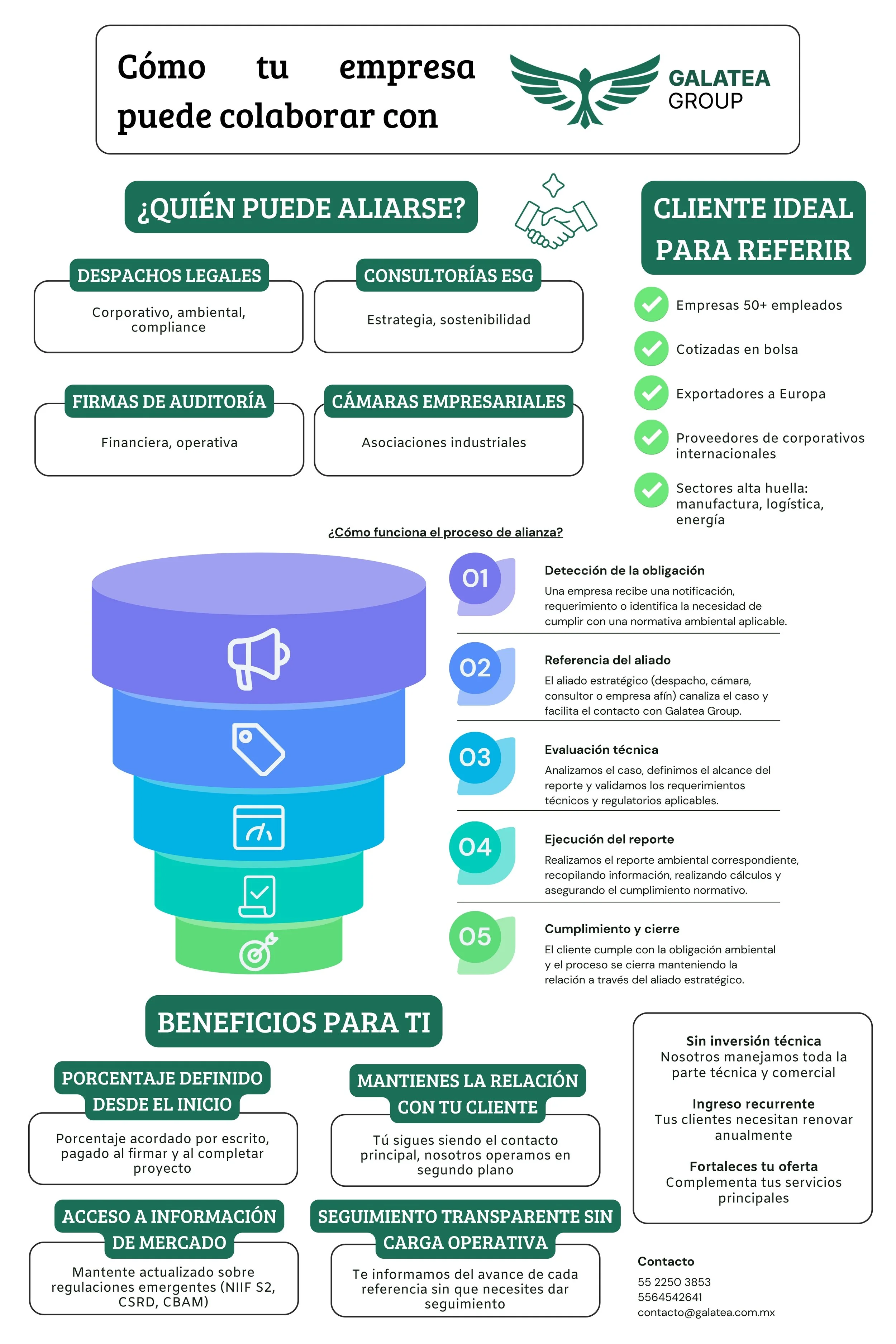 Infographic titled 'Cómo tu empresa puede colaborar con Galatea Group' explaining how businesses can work with Galatea Group, including sections on who can collaborate, ideal clients, alliance process, benefits, and contact information, with icons and bullet points in Spanish.