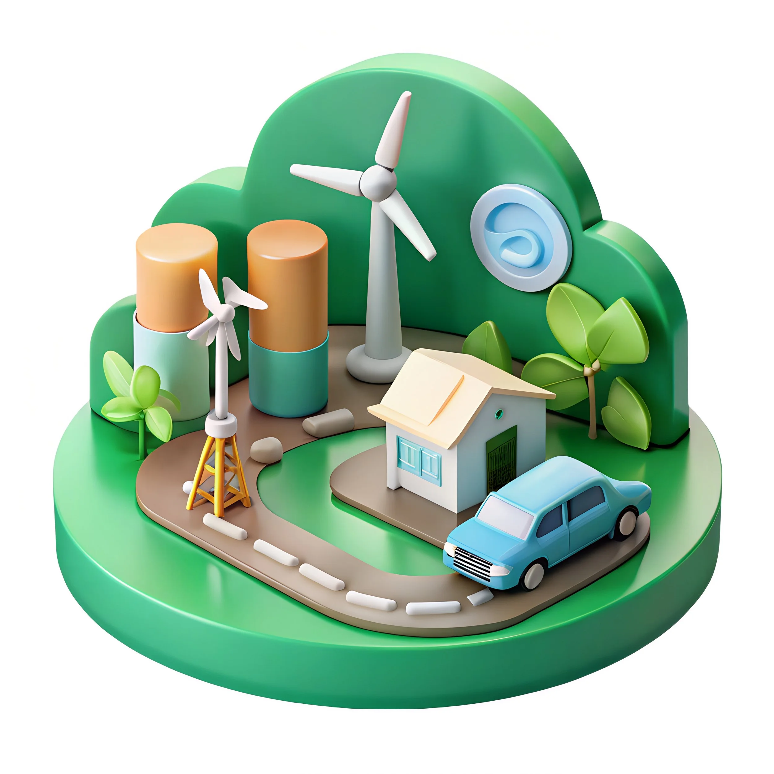 A colorful 3D model of an eco-friendly community with wind turbines, a house, a car, and trees, emphasizing renewable energy and sustainability.