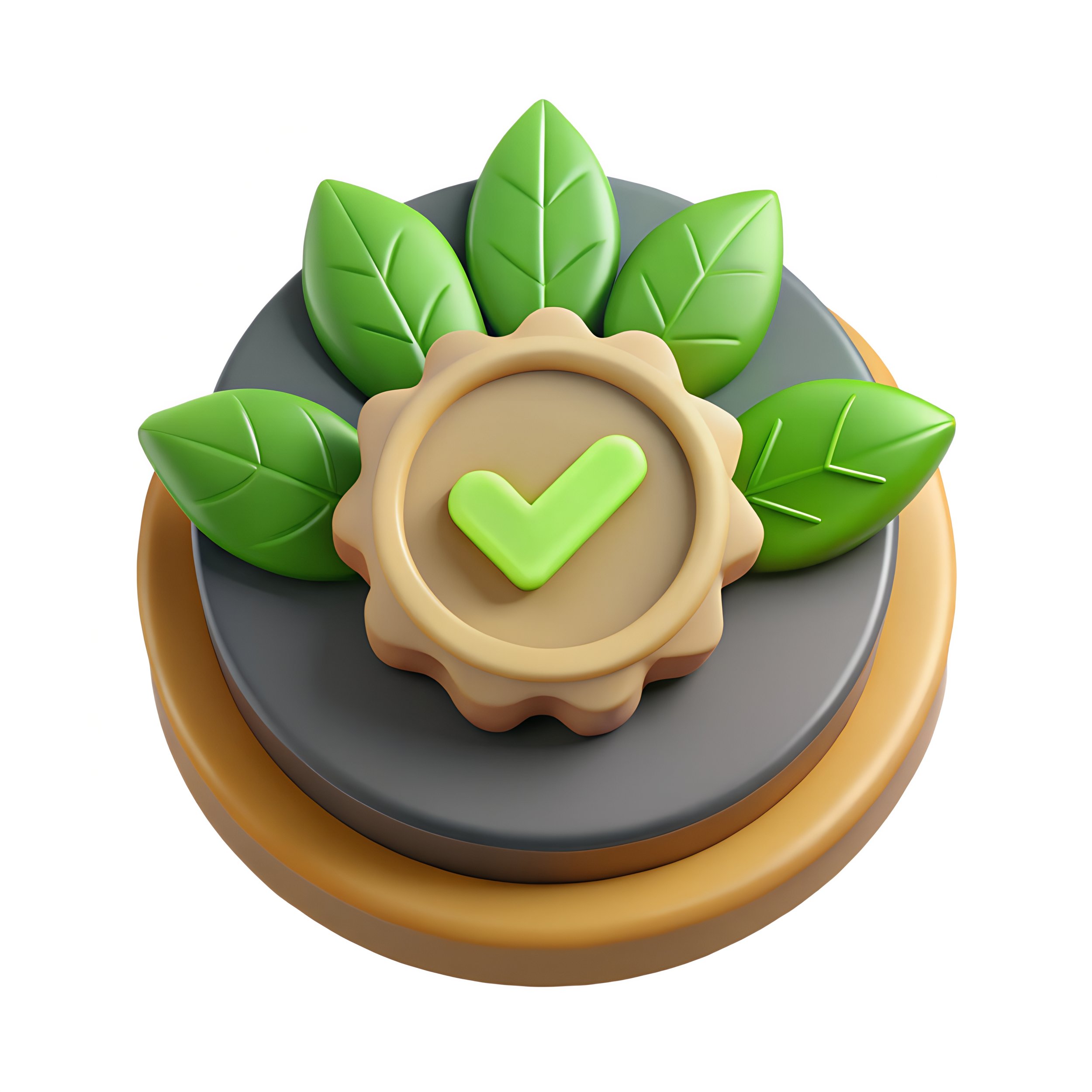 3D illustration of a badge with a checkmark, surrounded by green leaves, on a layered circular background.