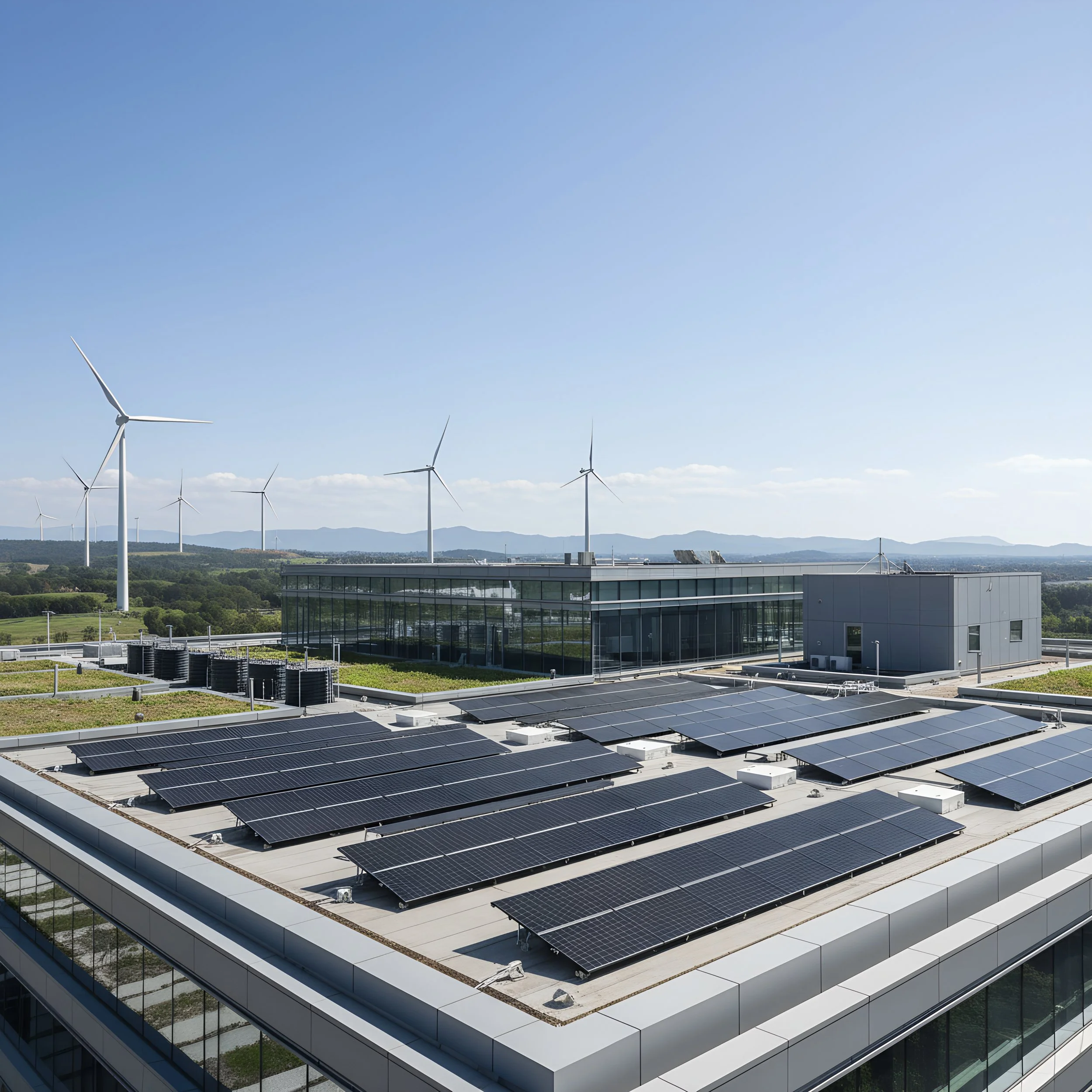 Rooftop with solar panels and wind turbines in the background, against a clear blue sky.