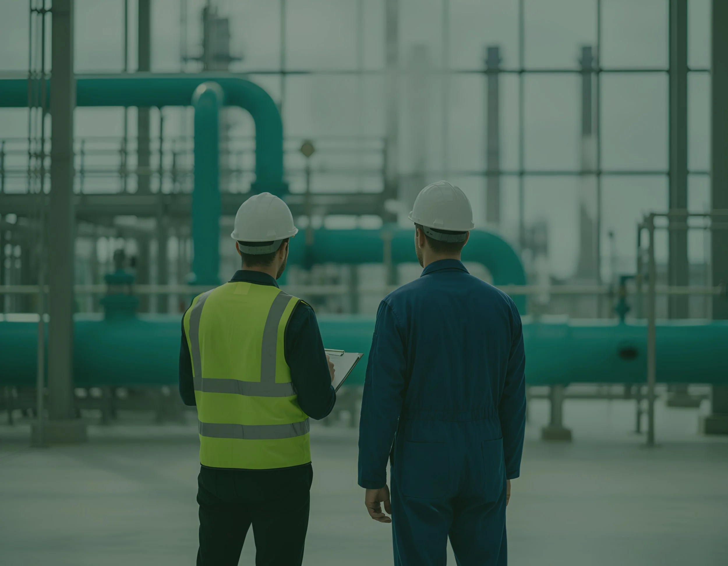 Two engineers or workers in an industrial setting, both wearing white safety helmets. One is wearing a yellow safety vest and holding a clipboard, the other is dressed in a blue coverall. They are standing near large pipes and equipment inside a factory or plant.
