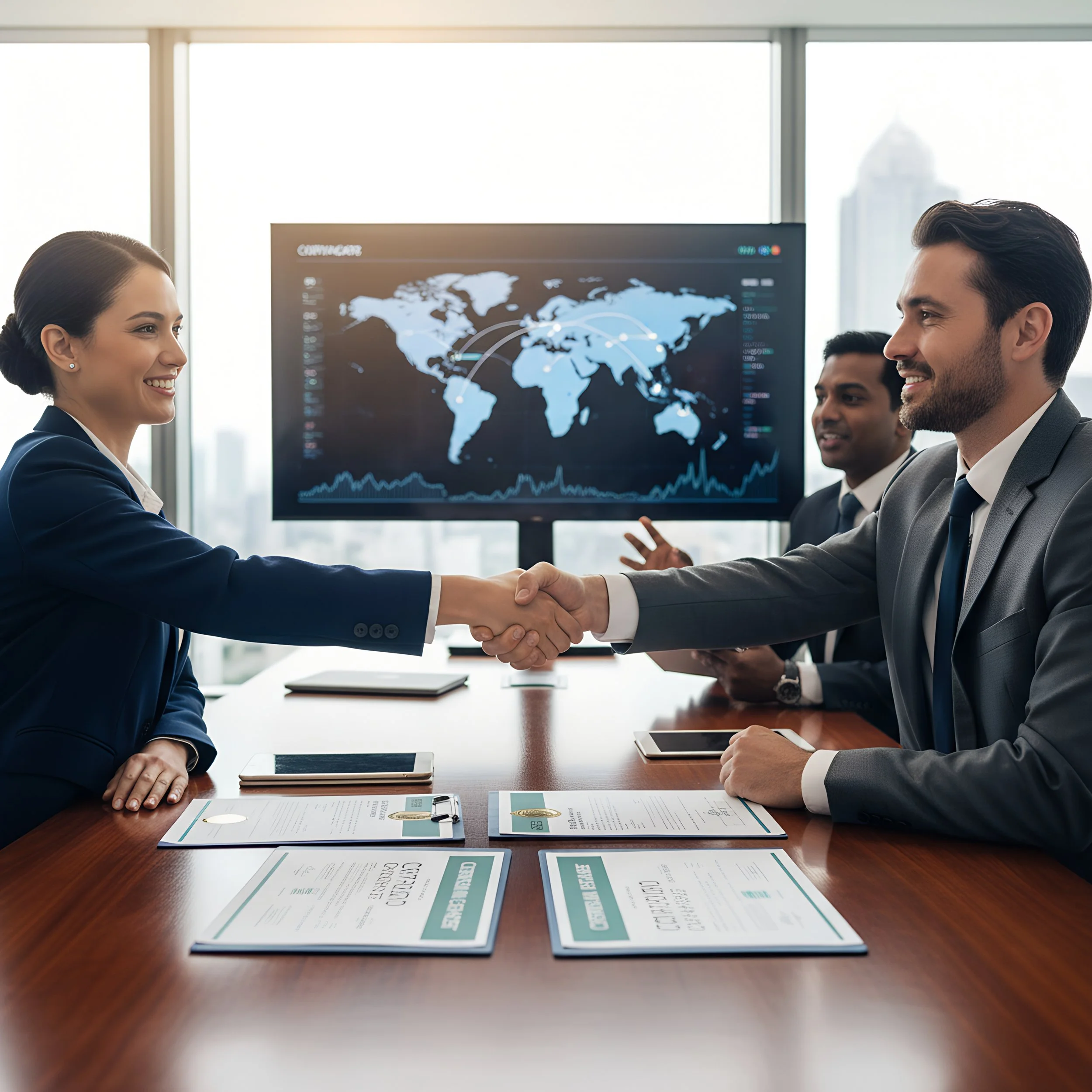 Business professionals shake hands in a conference room, with a world map and data charts on a screen behind them, and business documents on the table.