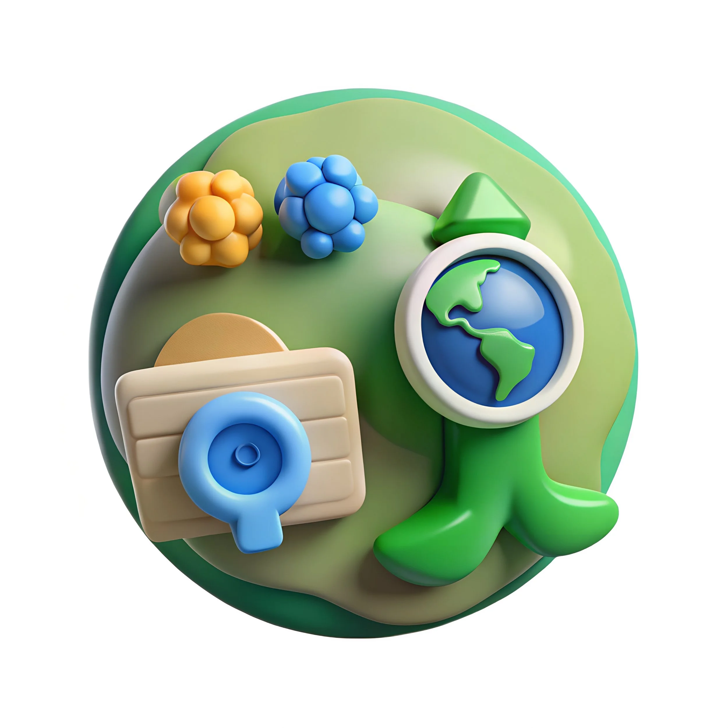 3D illustration of a globe with a planet Earth symbol, a satellite, and molecular structures representing science and the environment.