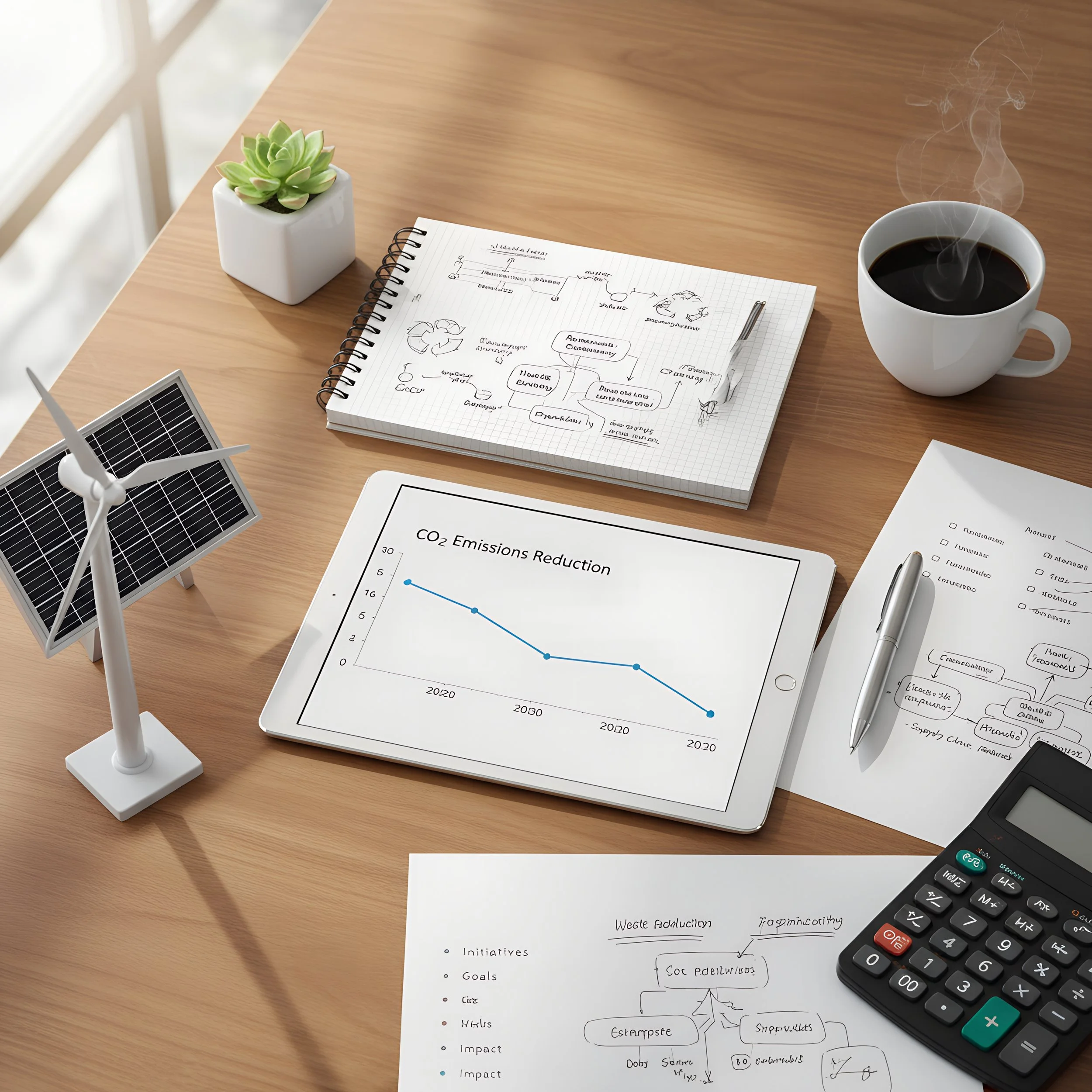 A workspace with a solar panel and wind turbine model, a tablet showing a graph of CO2 emissions reduction, a notebook with handwritten diagrams, a sheet of paper with handwritten notes and flowcharts, a pen, a calculator, a cup of coffee, a paper with a flowchart, and a small potted succulent plant.