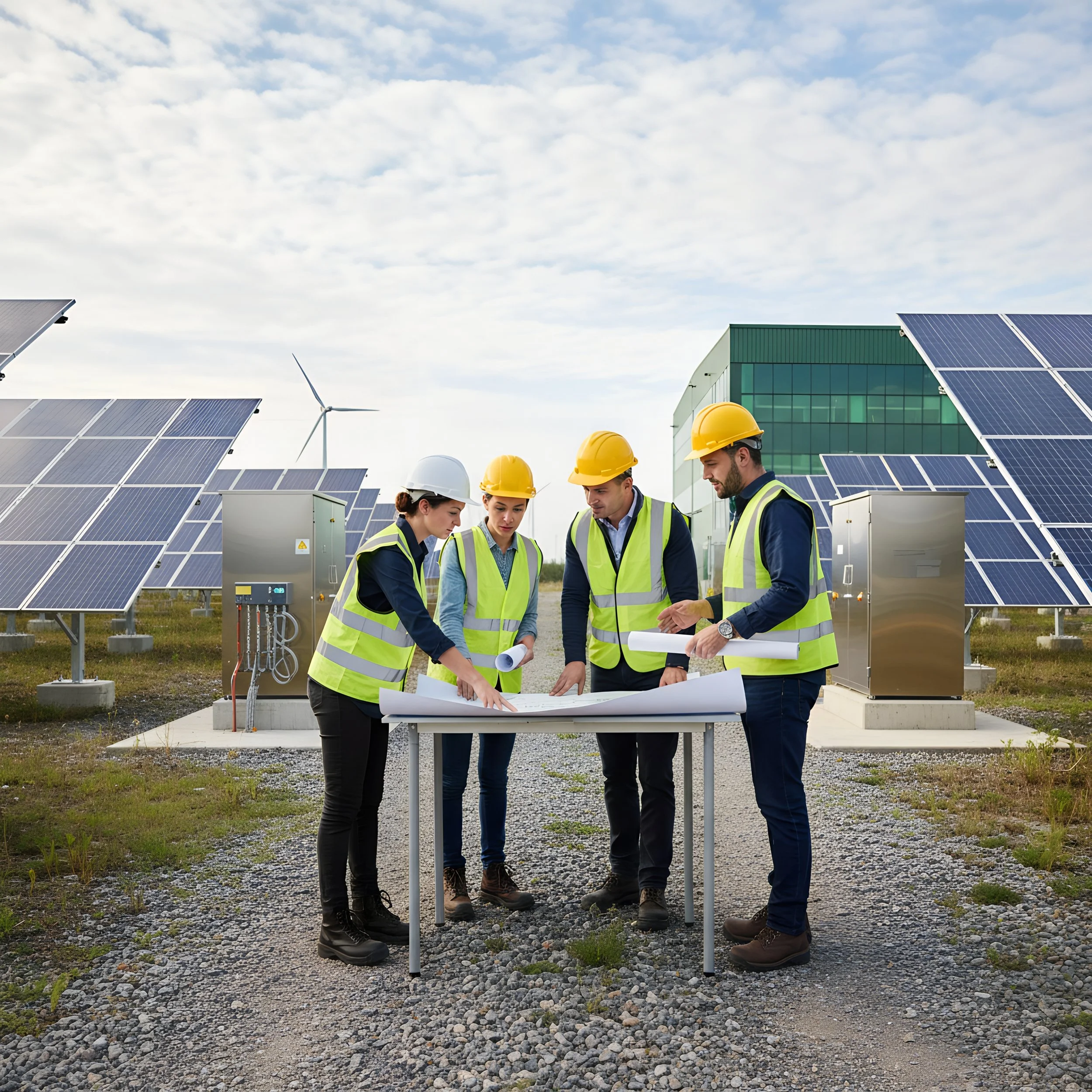 Four engineers wearing yellow and white safety helmets and reflective vests reviewing blueprints at a solar power farm with solar panels and wind turbines in the background.
