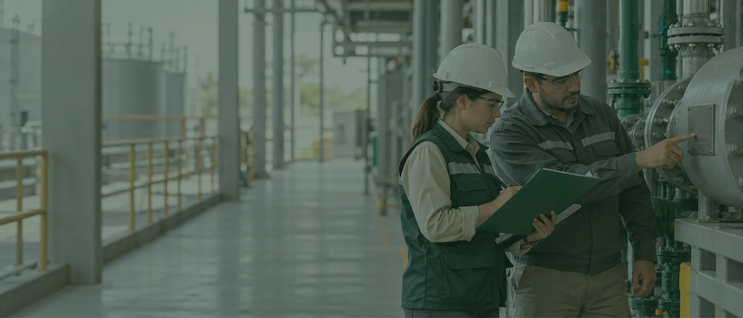 Verificación en sitio: Especialista ambiental y responsable de mantenimiento revisan equipos y documentación en una instalación industrial.