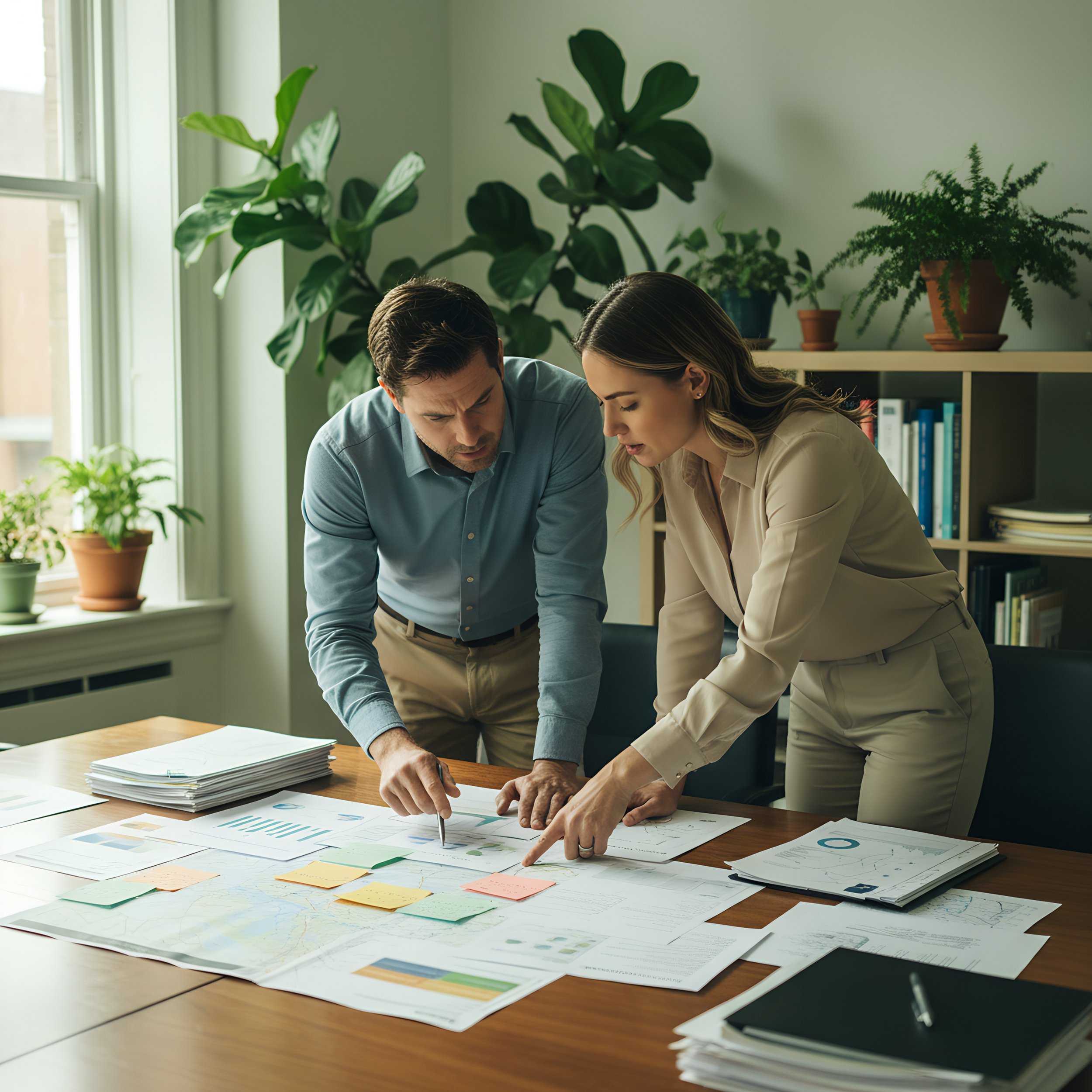 Two people reviewing documents and charts on a table in an office, surrounded by potted plants and bookshelves.