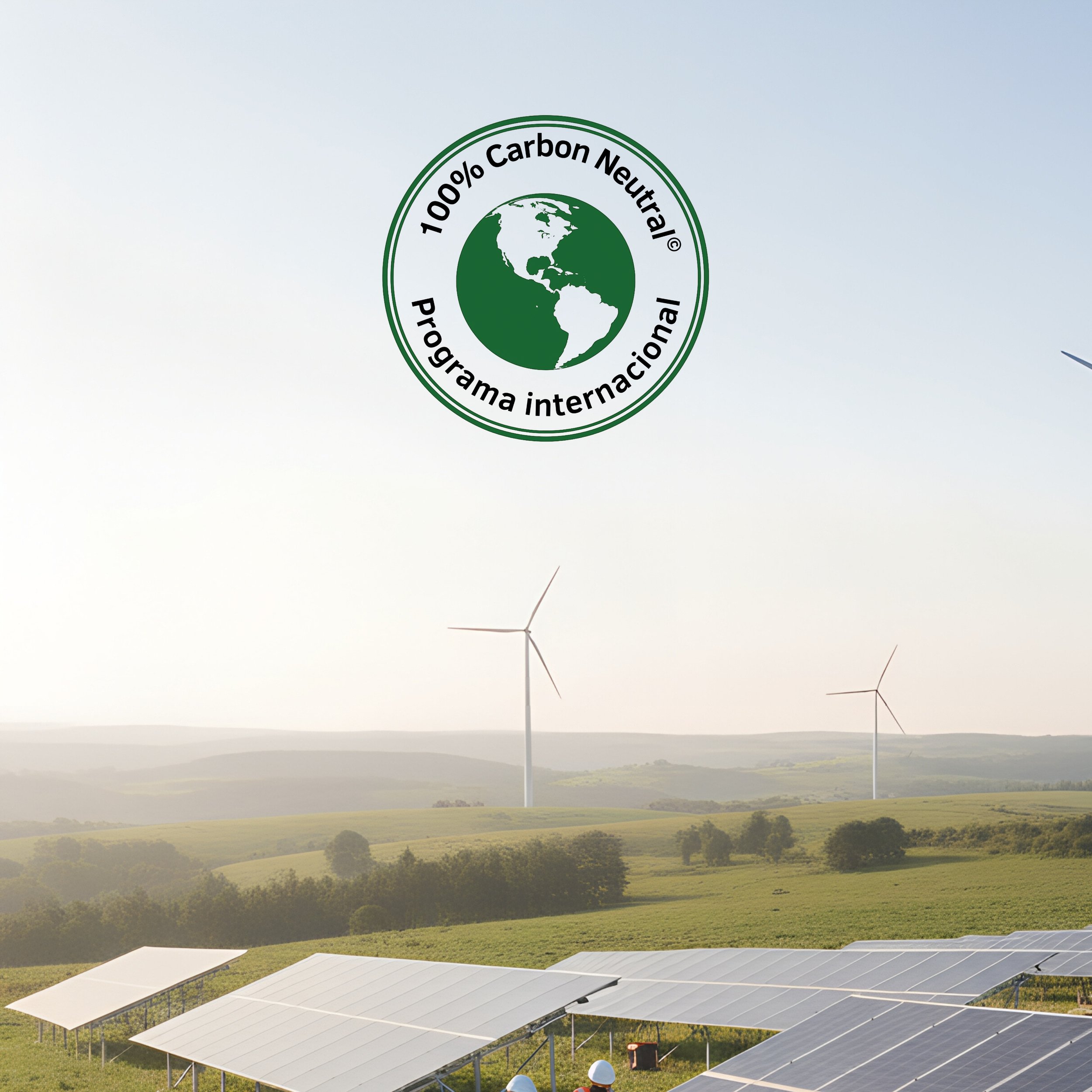 Landscape with solar panels and wind turbines, and a '100% Carbon Neutral' logo at the top center.