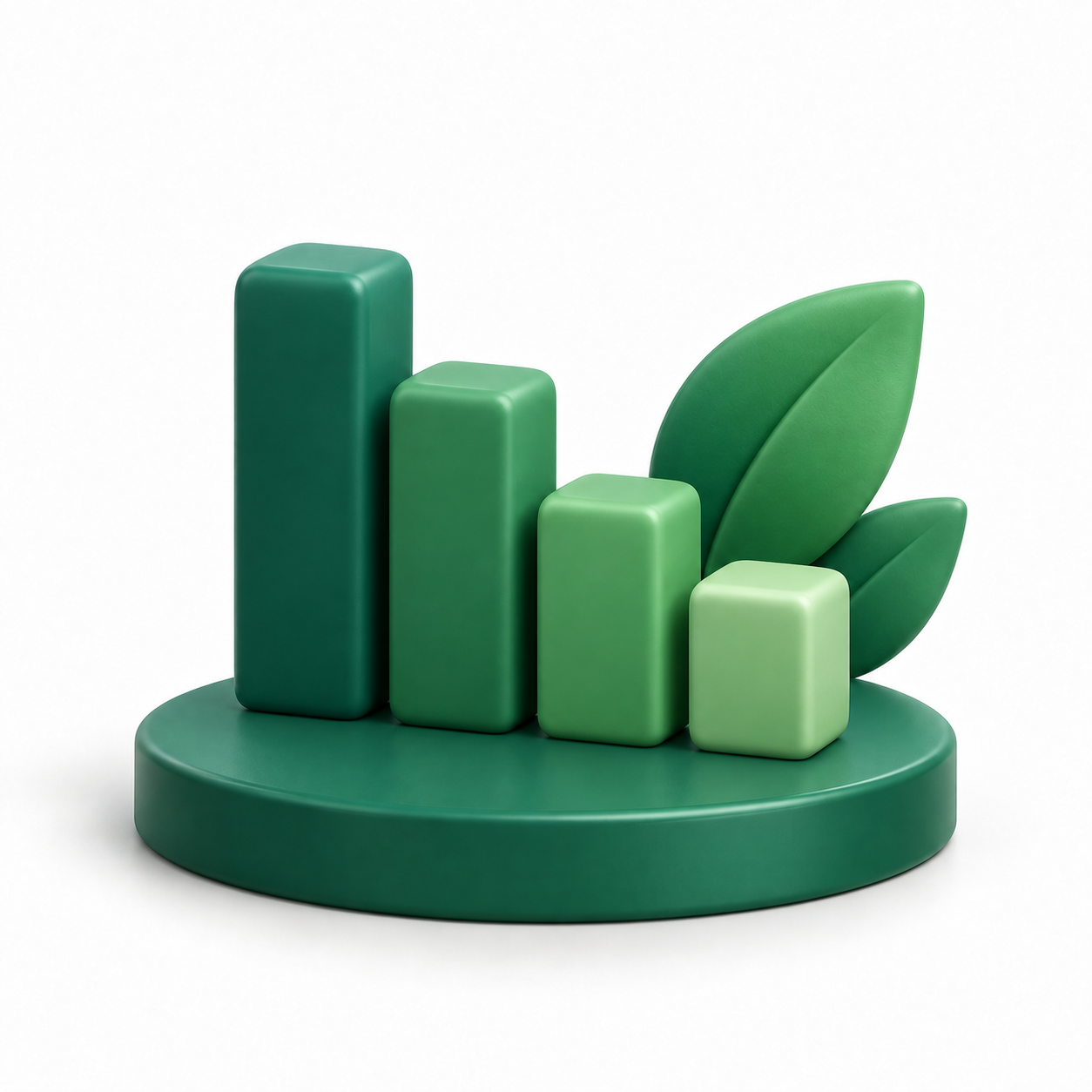 Reducción de emisiones: “Gráfica de barras descendentes con una hoja verde en 3D que representa la reducción de emisiones.”