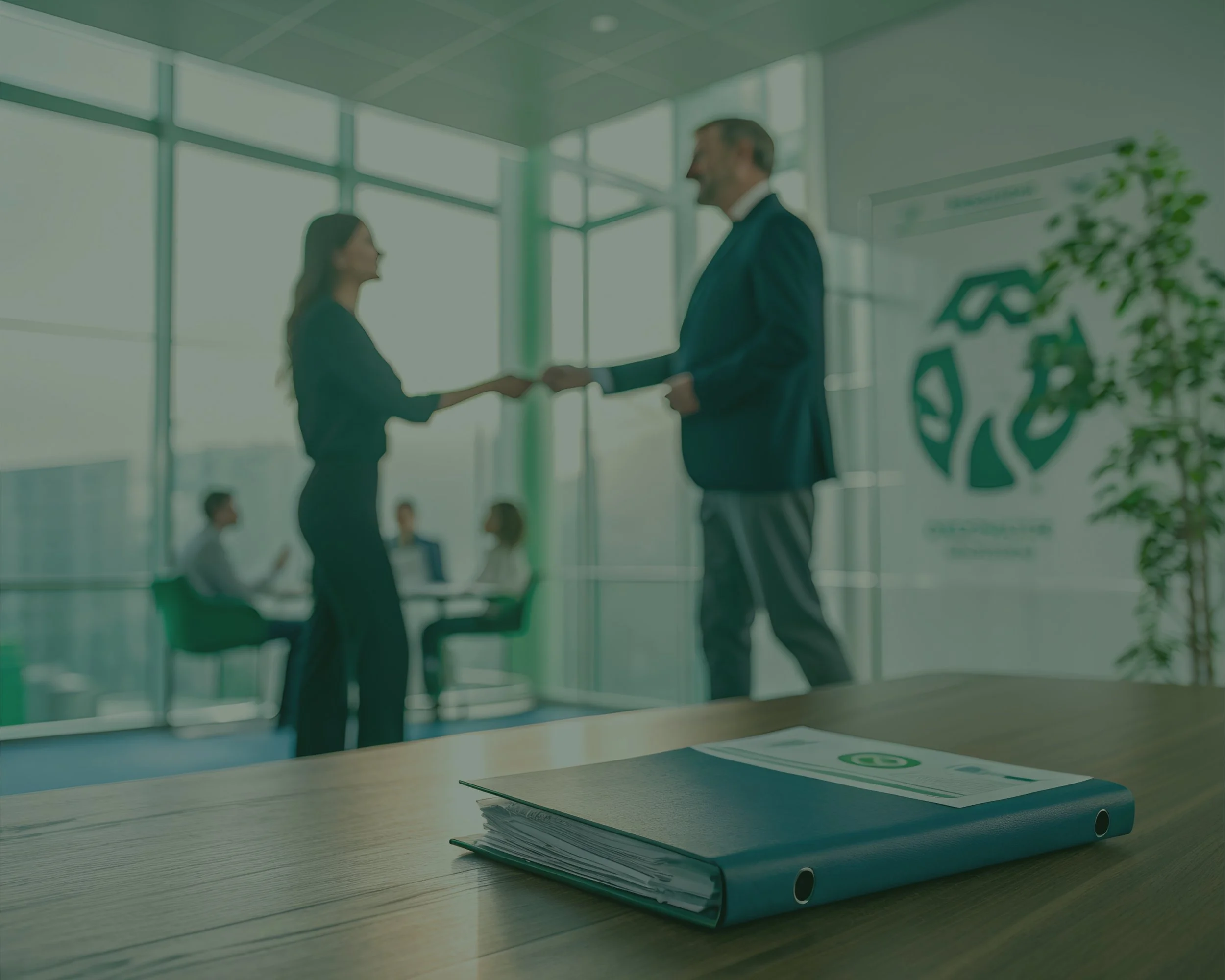 Businessmen shake hands in a corporate office as colleagues converse in the background, with a green environmental organization poster on the wall and a binder on a wooden desk in the foreground.