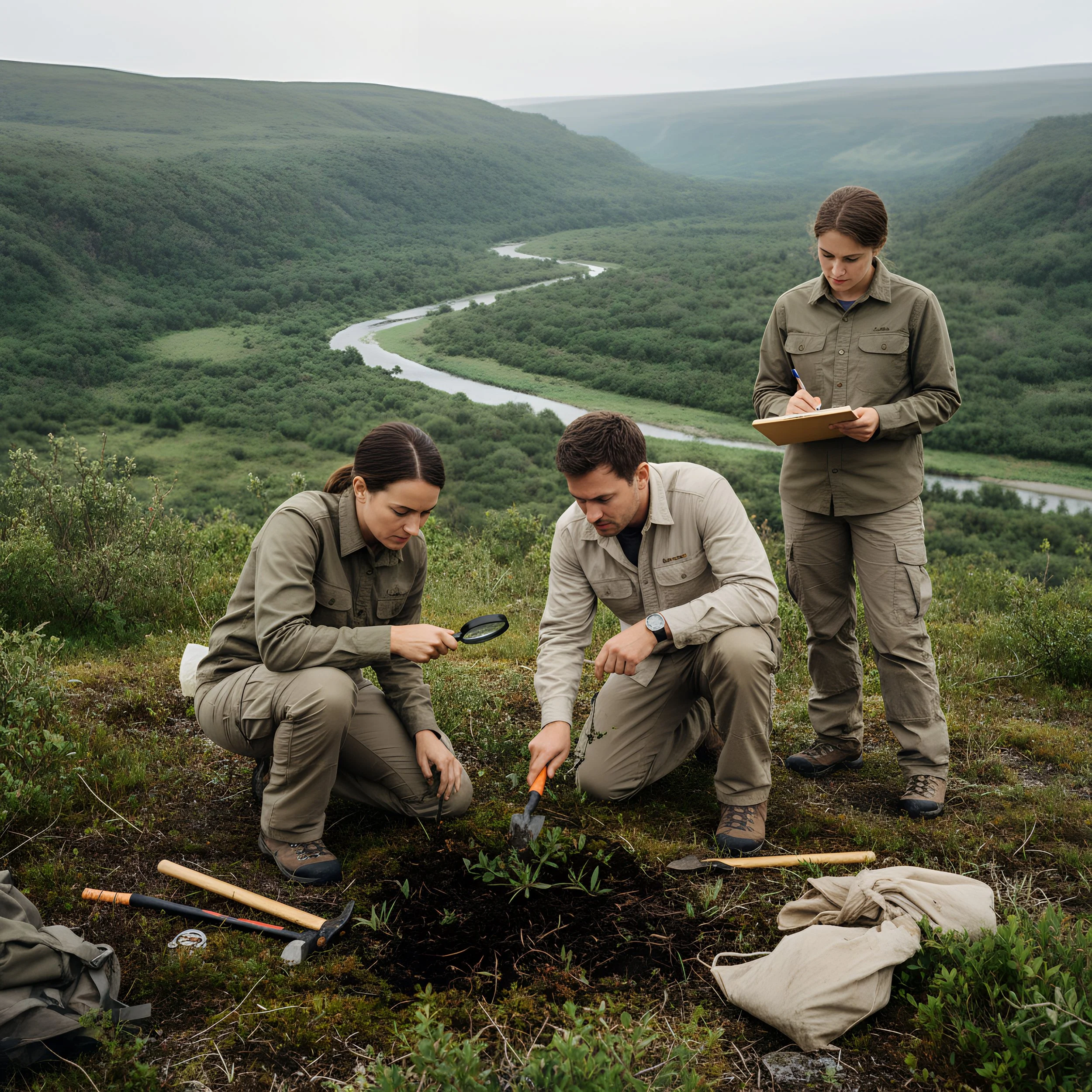 Three conservationists planting a sapling in a lush, green valley near a winding river, with mountains in the background.