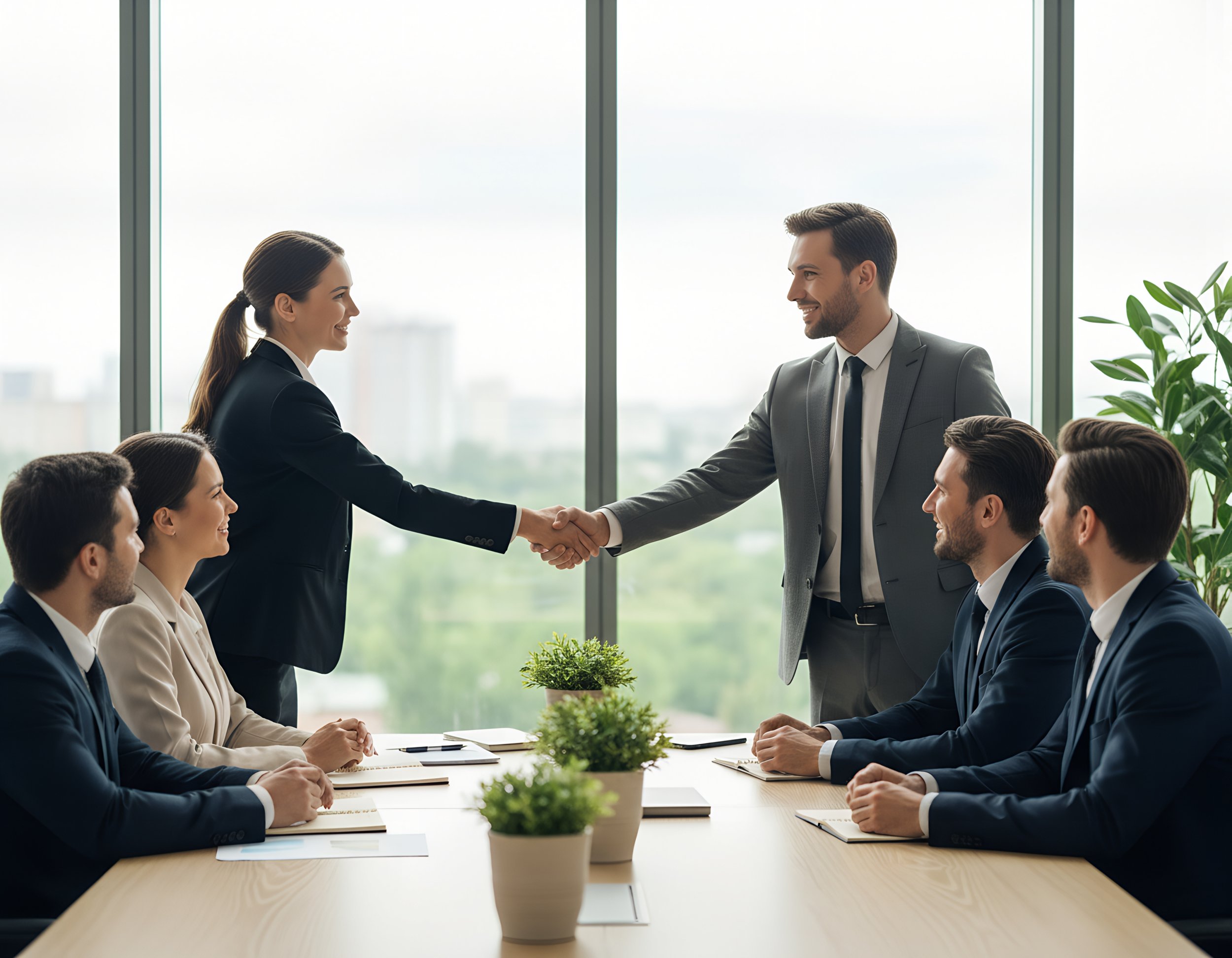 Business meeting with six people, two of whom are shaking hands in a well-lit conference room with large windows and indoor plants.