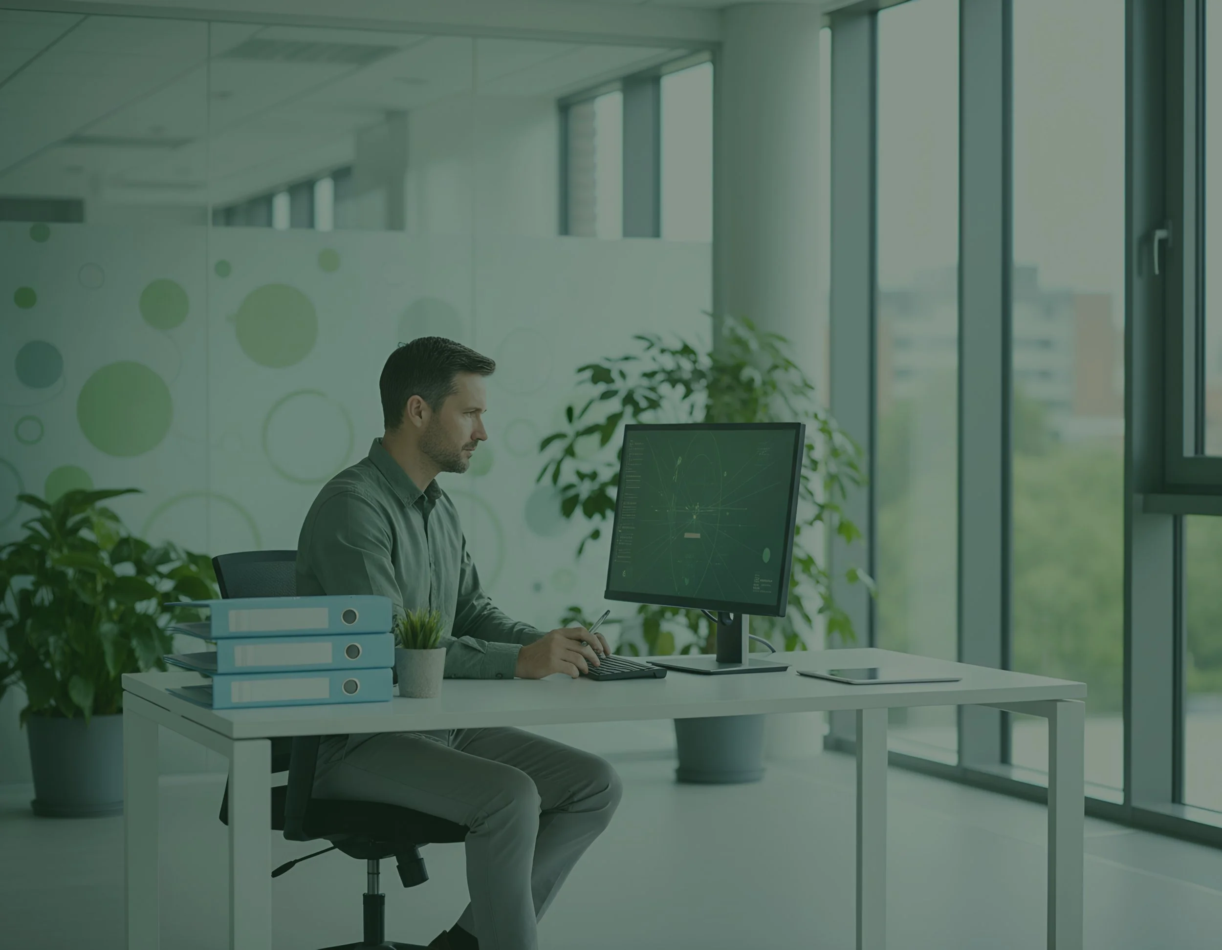 A man working at a desk in a modern office, looking at a computer monitor with charts, with plants and large windows in the background.
