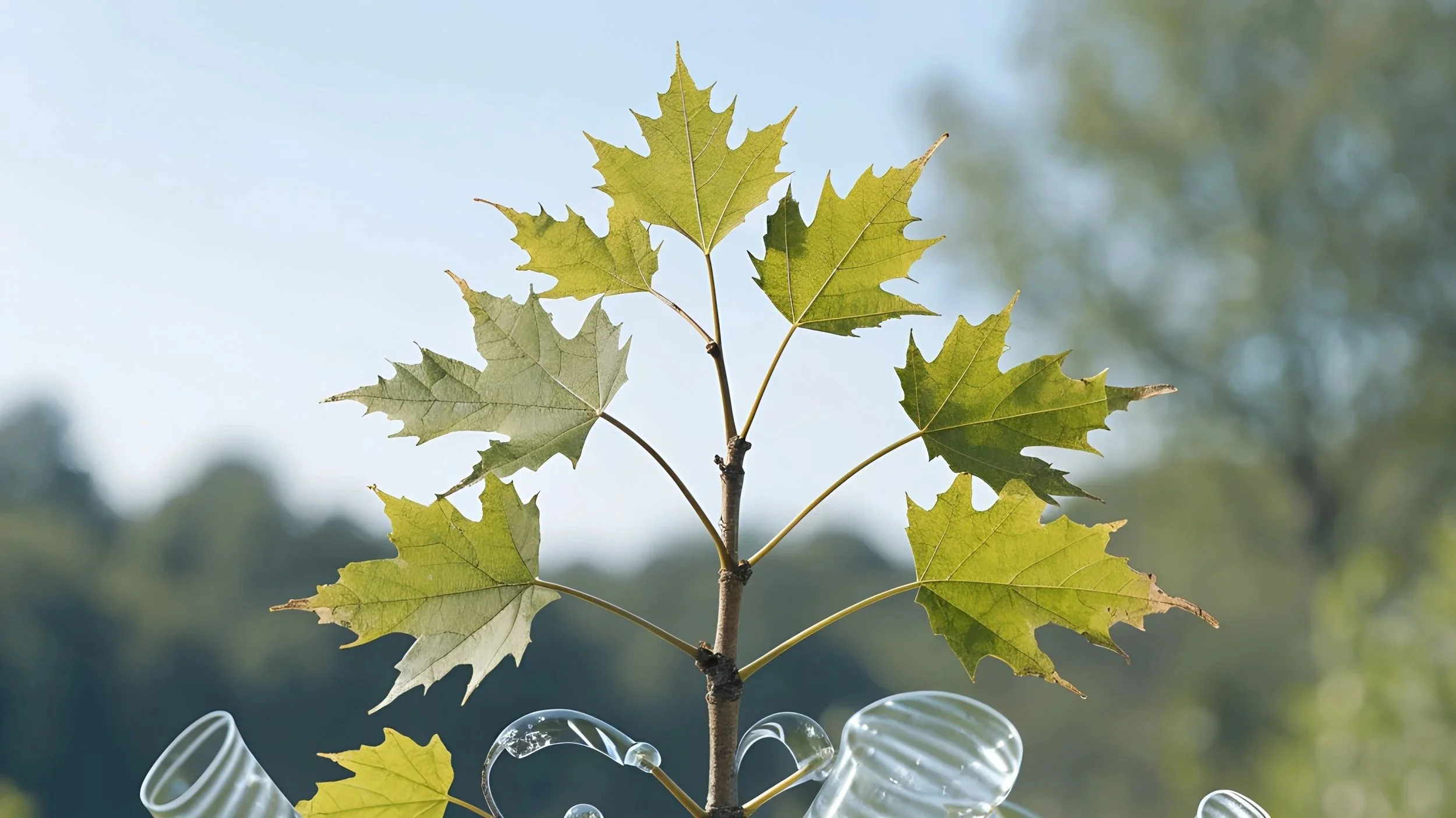 A small tree with green leaves. The tree is made from clear, curved plastic bottles.