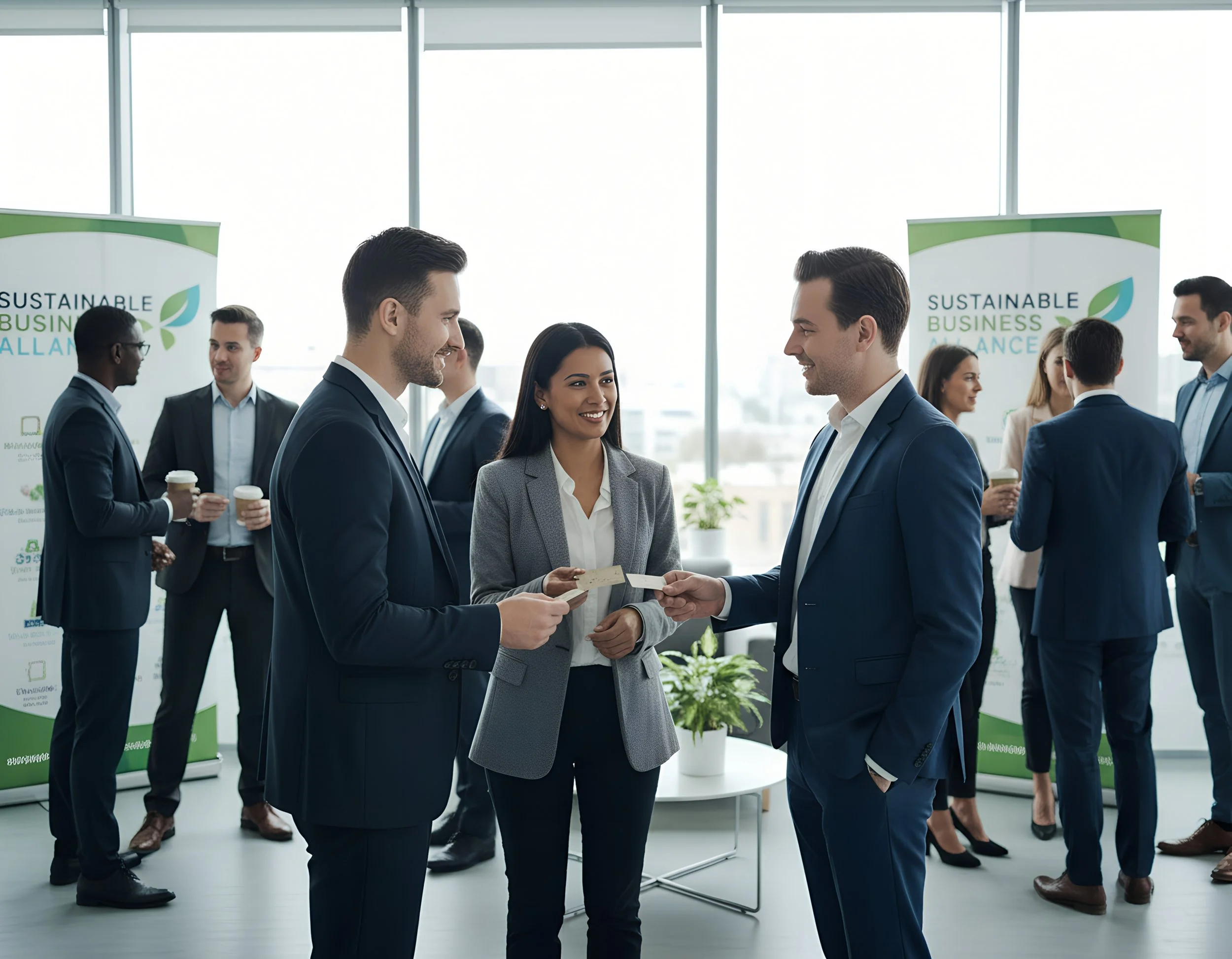 Business professionals at a conference exchanging business cards near banners that read 'Sustainable Business Alliance' in a modern office setting.