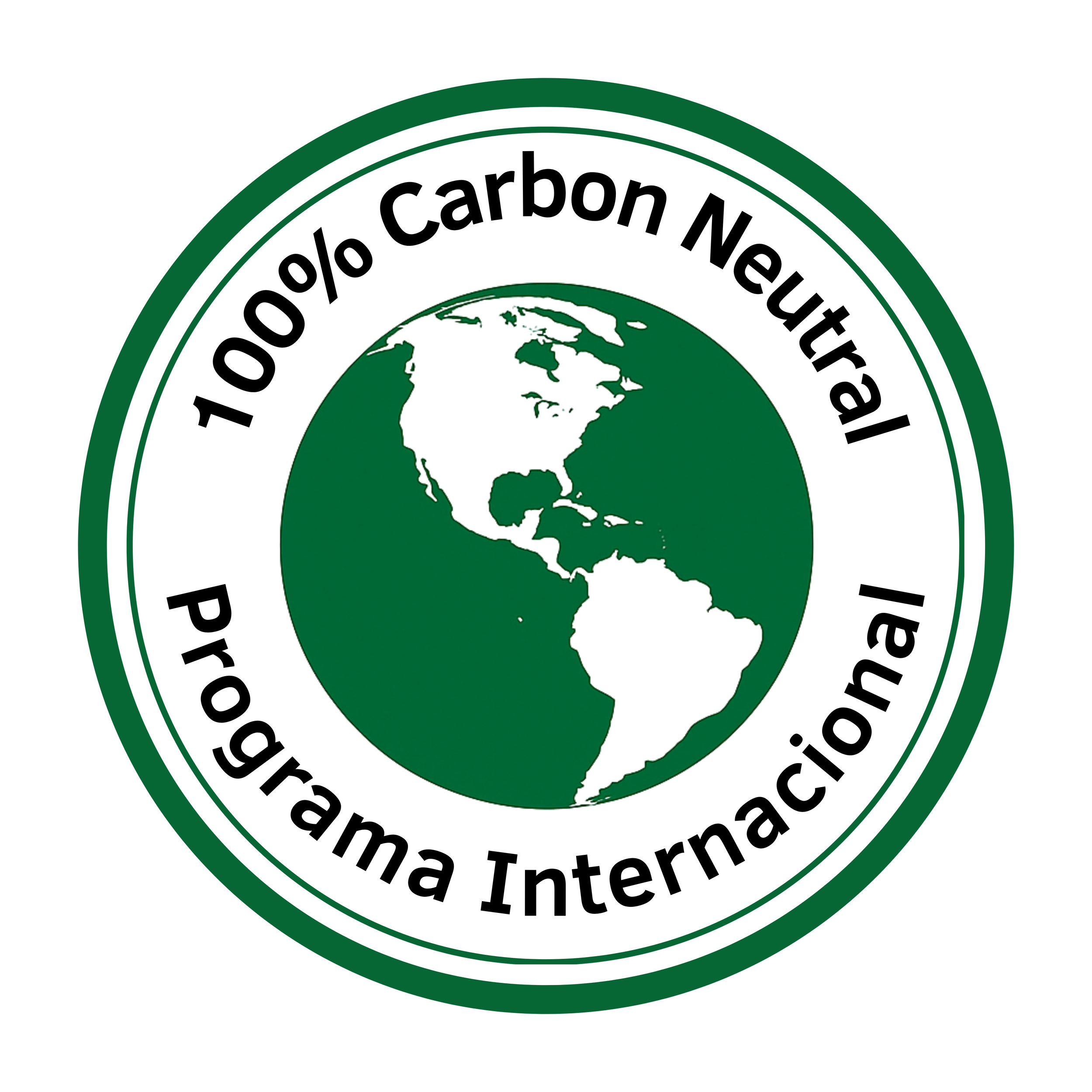 A circular badge with green and white colors featuring a globe illustration of North and South America in the center. Surrounding the globe, text reads '100% Zero Carbon Neutral Programa Internacional' in black.